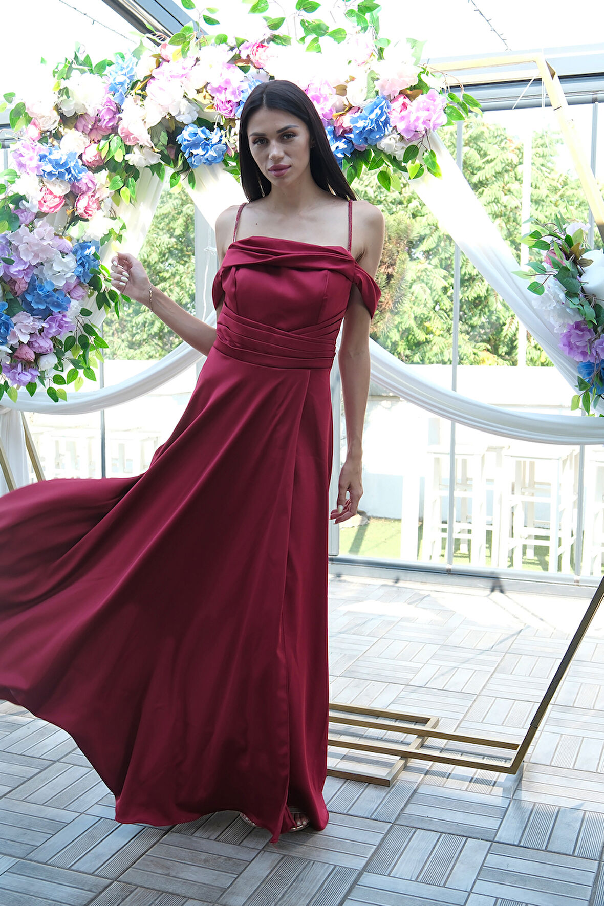 Bordo Taş Askılı Düşük Kol Saten Abiye 0806118.04