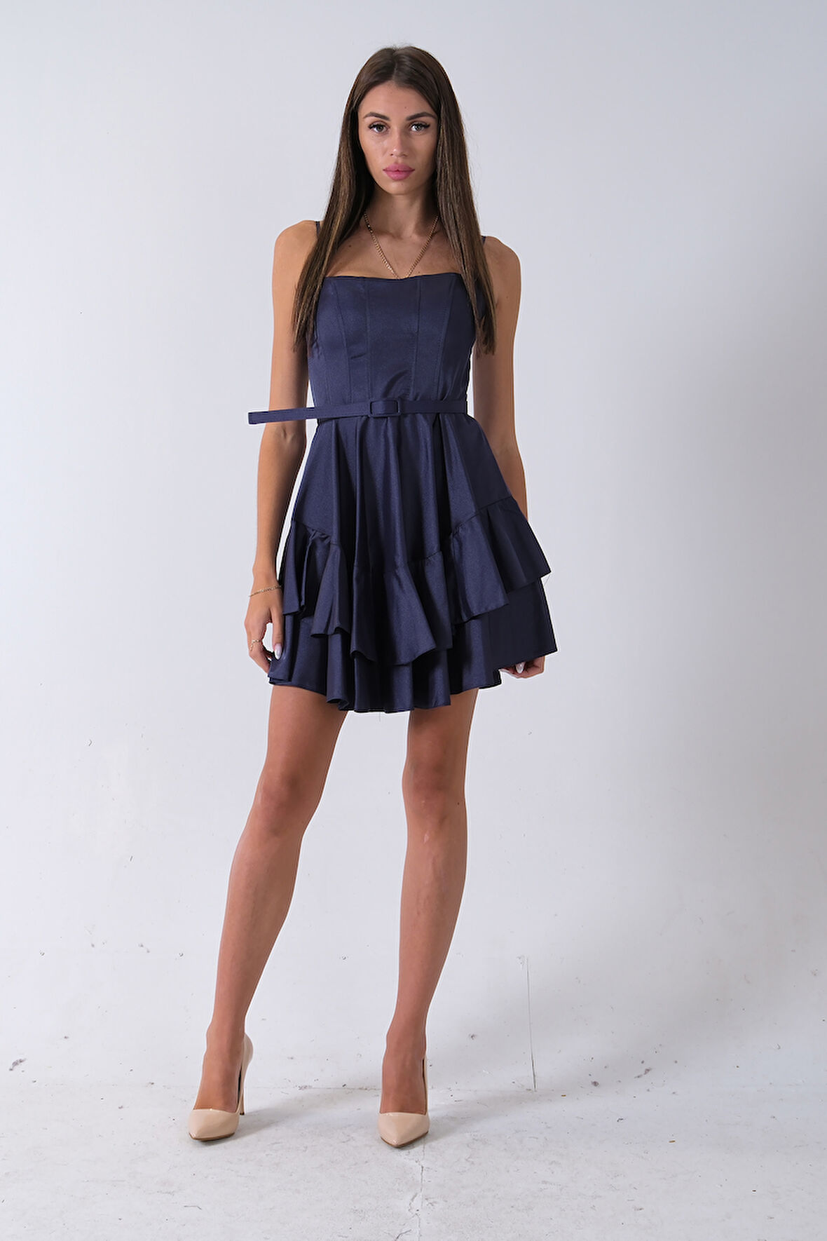 Lacivert İp Askılı Bel Kemer Bağlamalı Mini Boy Abiye 0802004.02