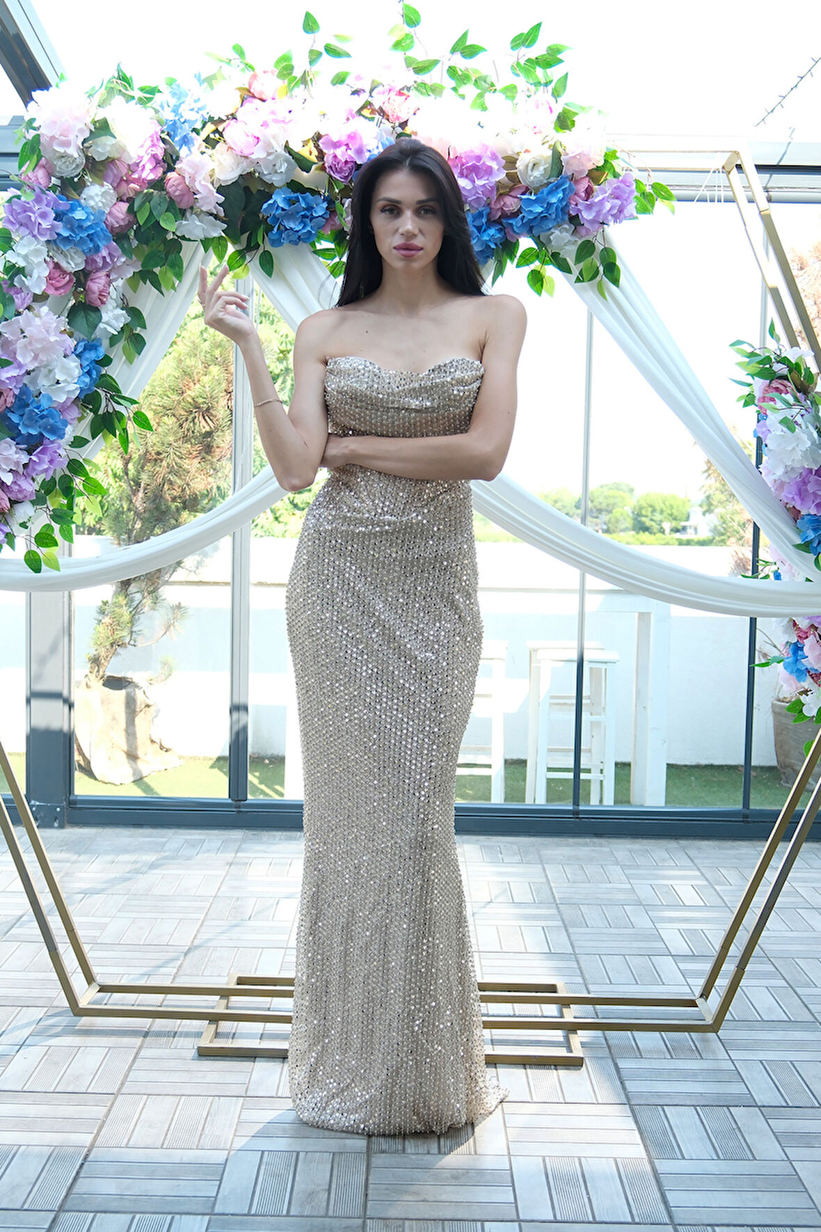 Bej Pul Taş İşlemeli Straplez Balık Abiye 9705304.55