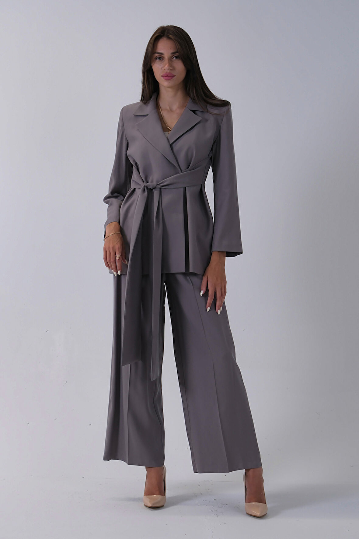 Gri Ceket Kuşak Bağlama Detaylı Pantolonlu Takım 0106327.06