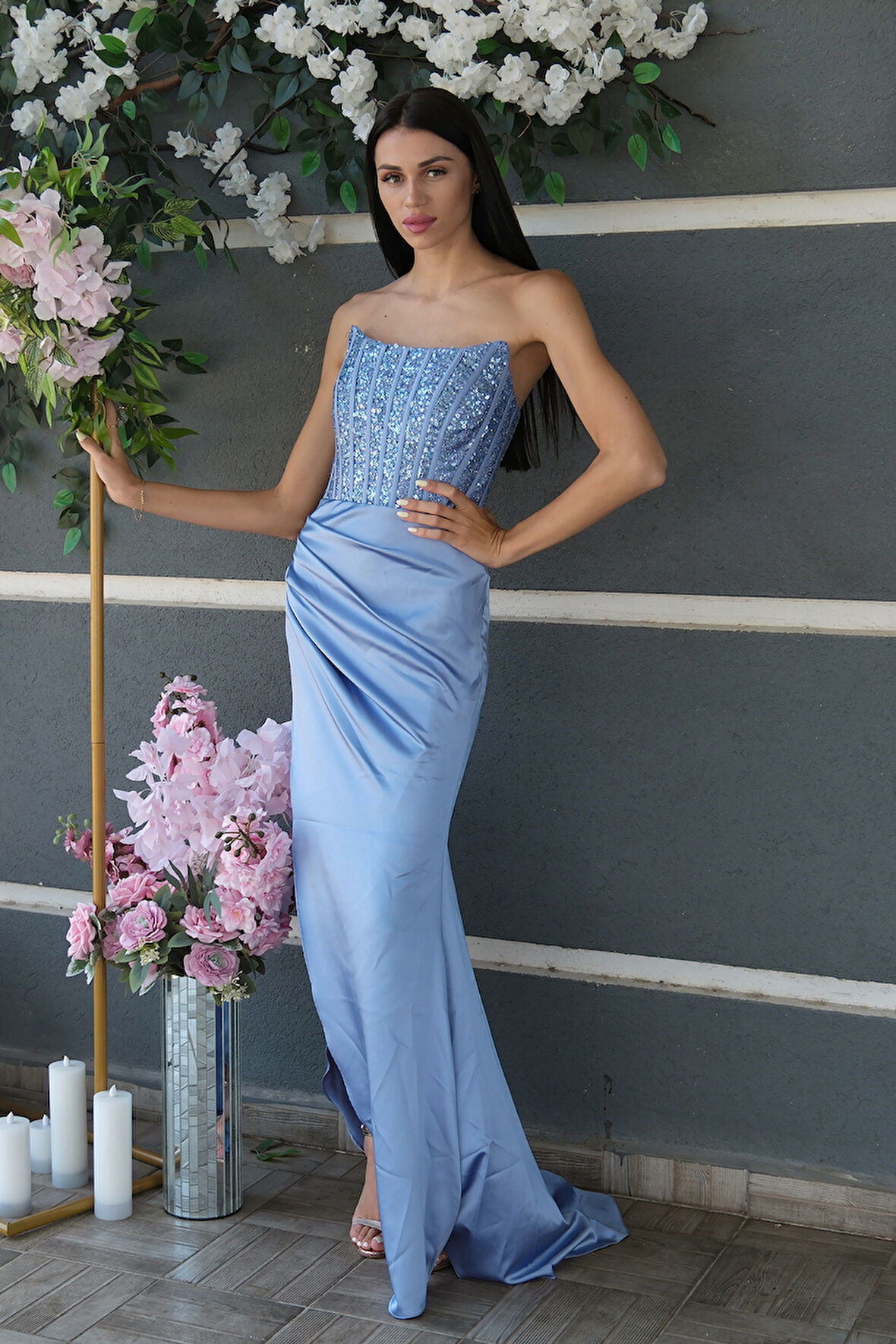 Bebe Mavi Göğüs Pul ve Taşlı Saten Abiye 9705294.449