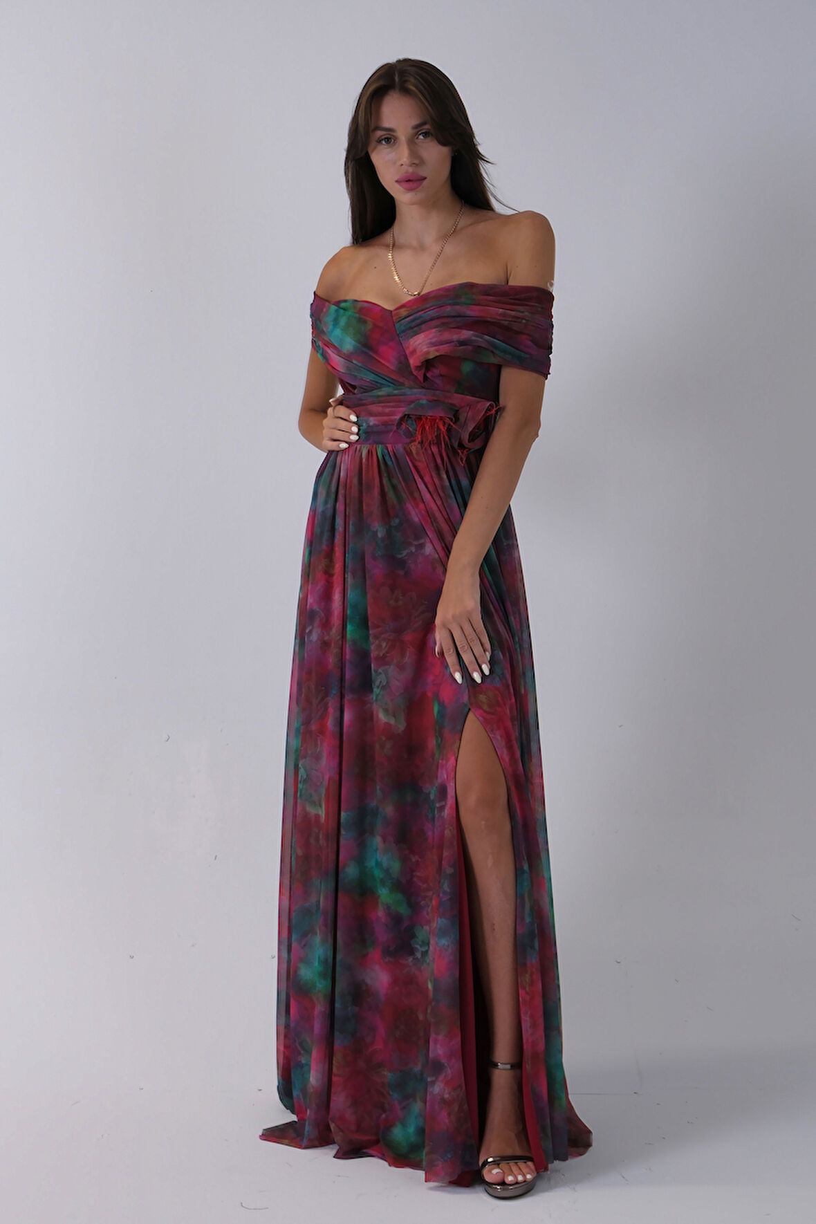 Bordo Beli Çiçek Detaylı Desenli Şifon Abiye 0801102.04