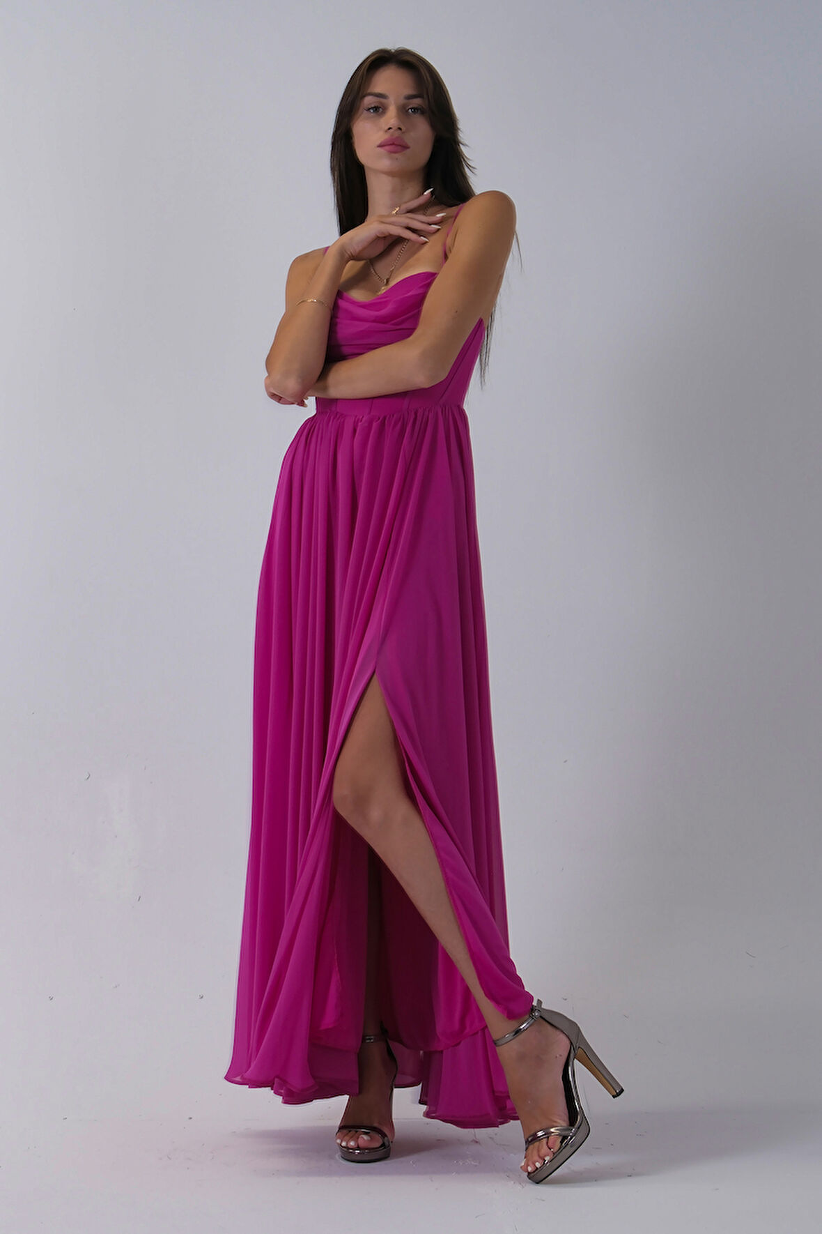 Fuşya Askılı Drapeli Uzun Şifon Abiye 08020032.12