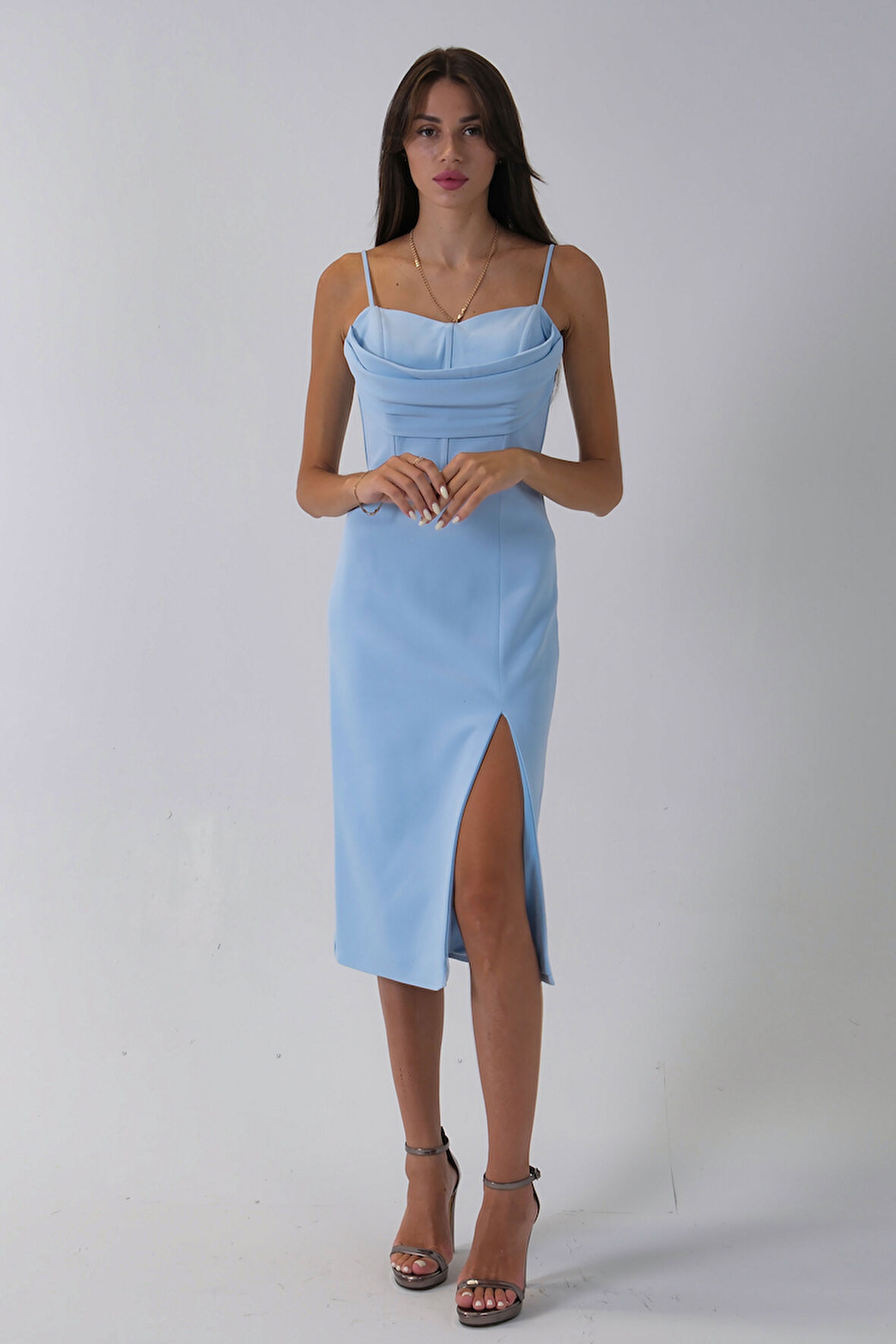 Bebe Mavi İp Askılı Yırtmaç Detaylı Midi Boy Abiye 0801078.449