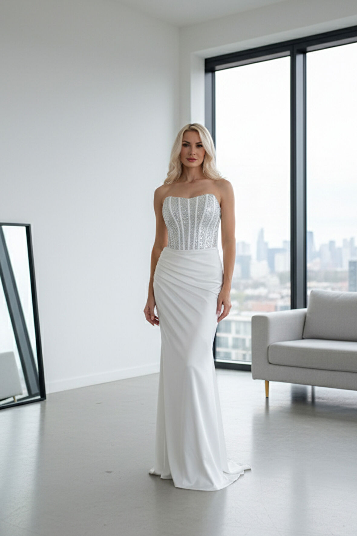 Beyaz Göğüs Pul ve Taşlı Saten Abiye 9705294.15