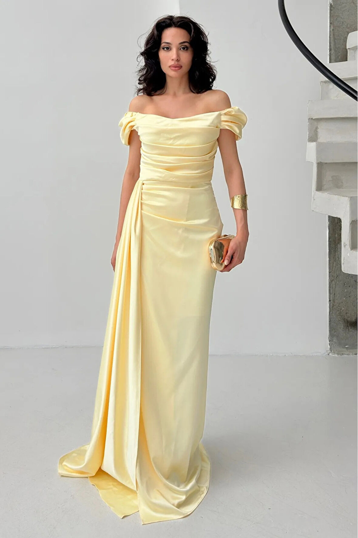 Sarı Drape Detaylı Saten Kumaş Abiye Elbise 9704858.11