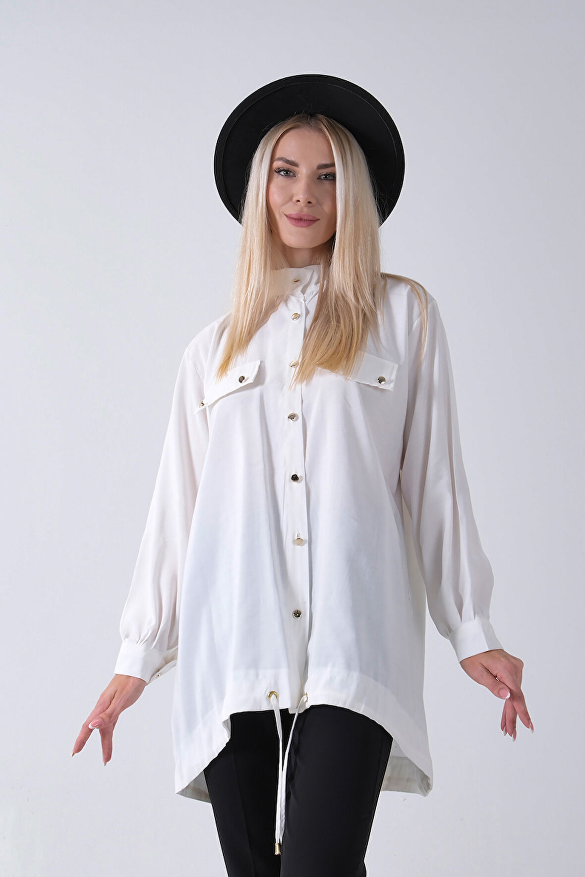 Beyaz Hakim Yaka Cep Kapak Detaylı Etek Ucu İpli Tunik 3972106.15