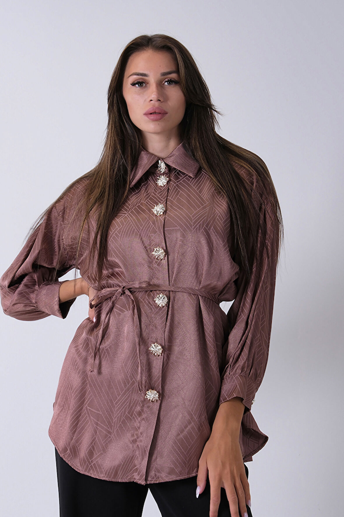 Kahve Gömlek Yaka Düğme Kapamalı Bel Bağlamalı Tunik 4595331.05