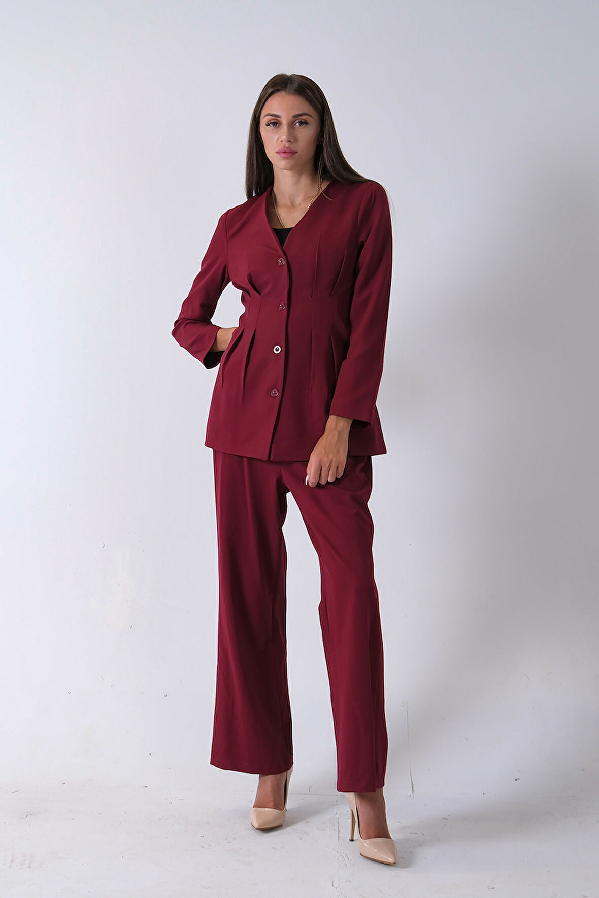 Bordo Önü 4 Düğme Kapamalı Pantolonlu Takım 4592261.04