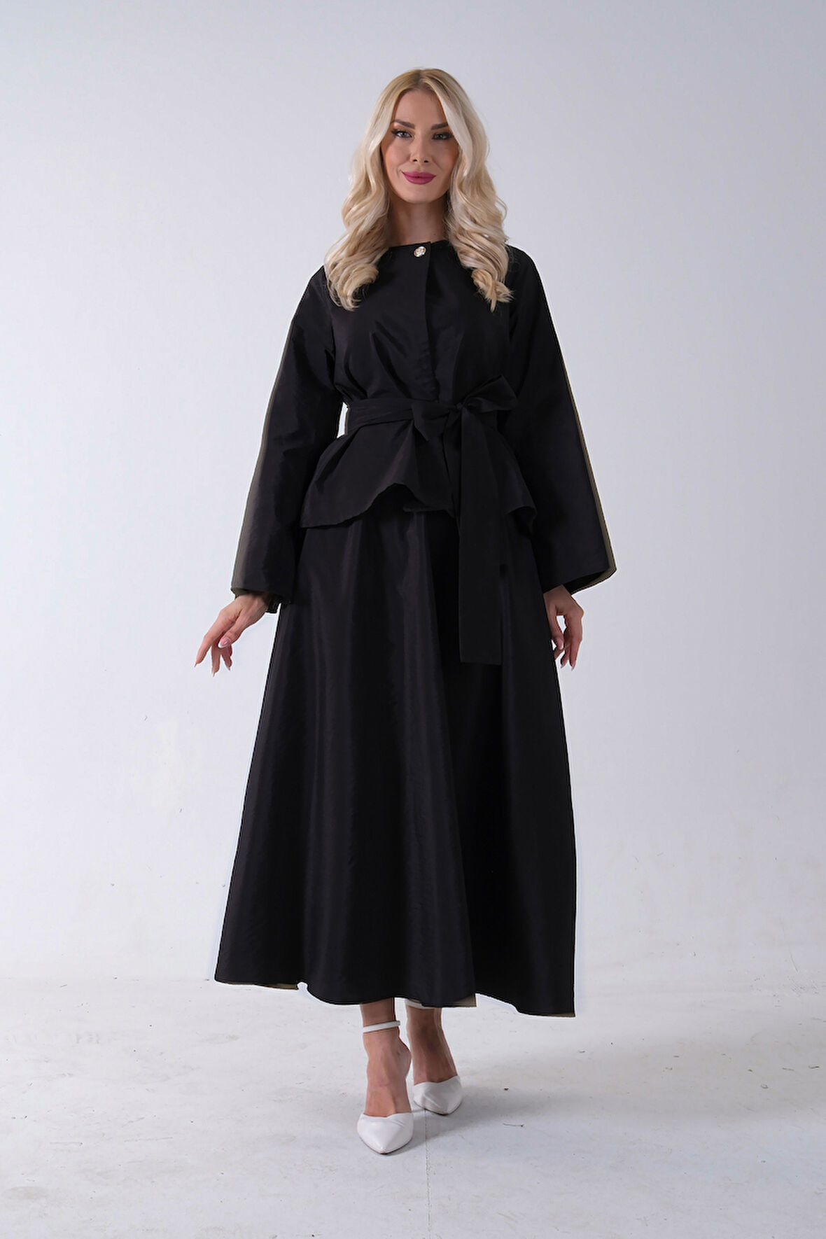 Siyah Önü Tek Düğmeli Kuşaklı Etek Ceket 31040701.01