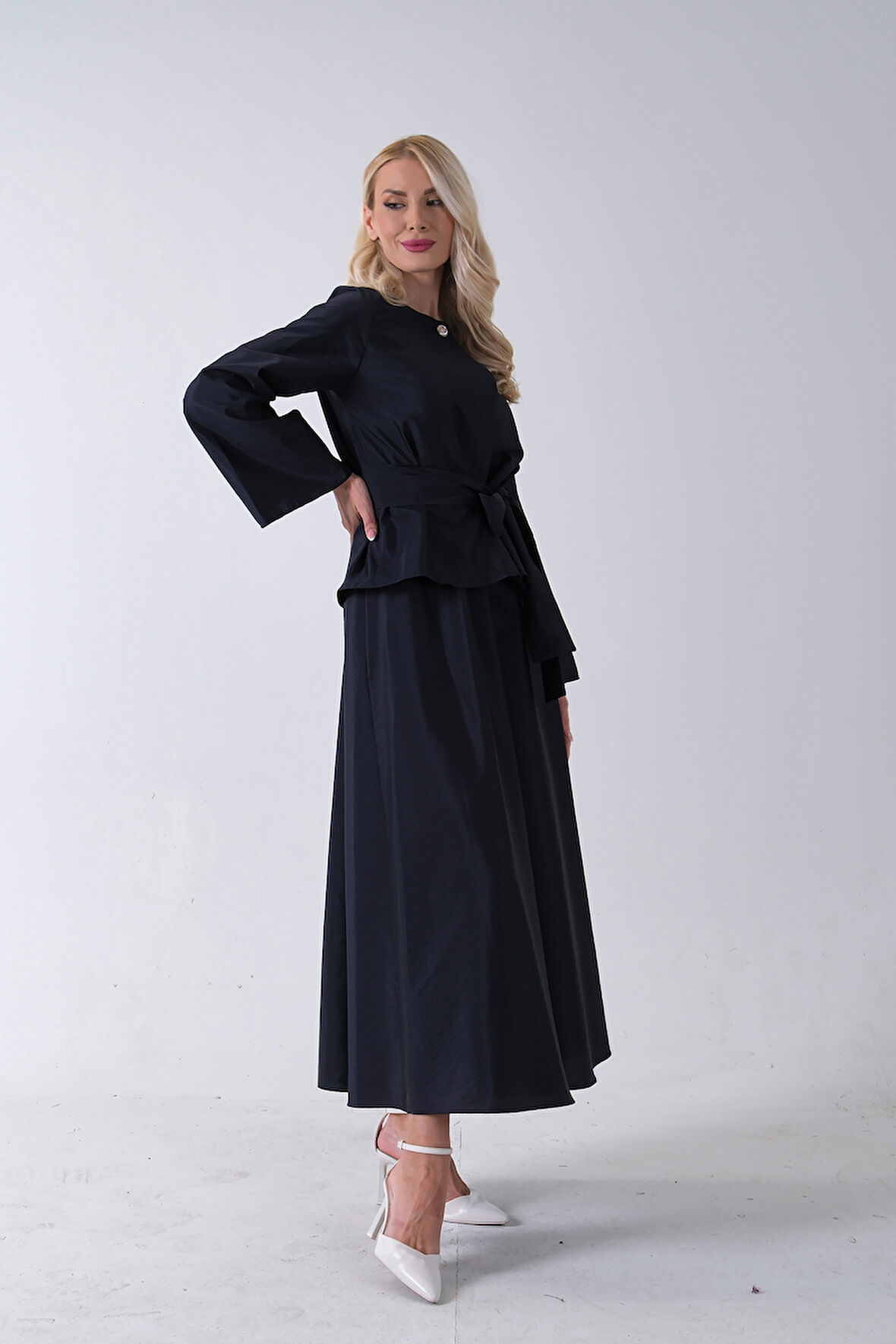 Lacivert Önü Tek Düğmeli Kuşaklı Etek Ceket 31040701.02