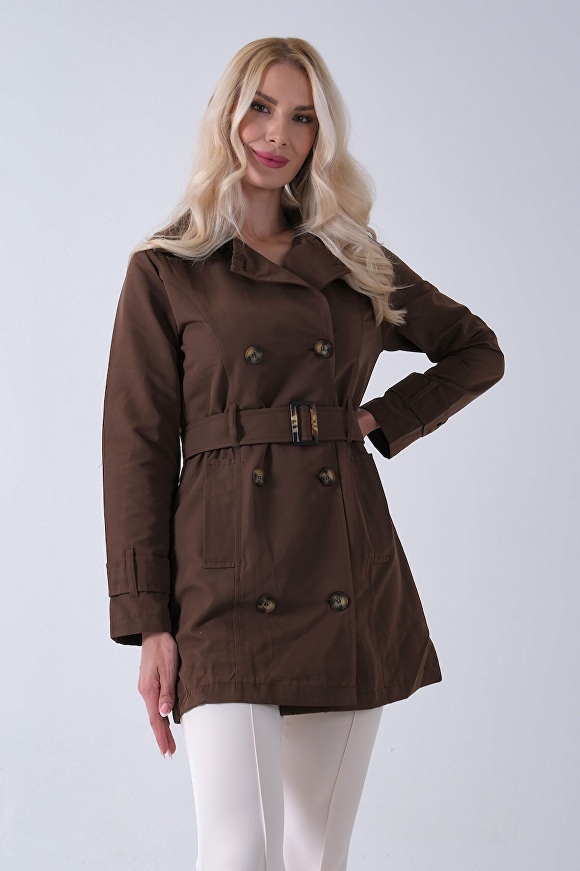 Kahve Bilek ve Omuz Apolet Detaylı Kemerli Düğme Kapamalı Trenç 4200829.05