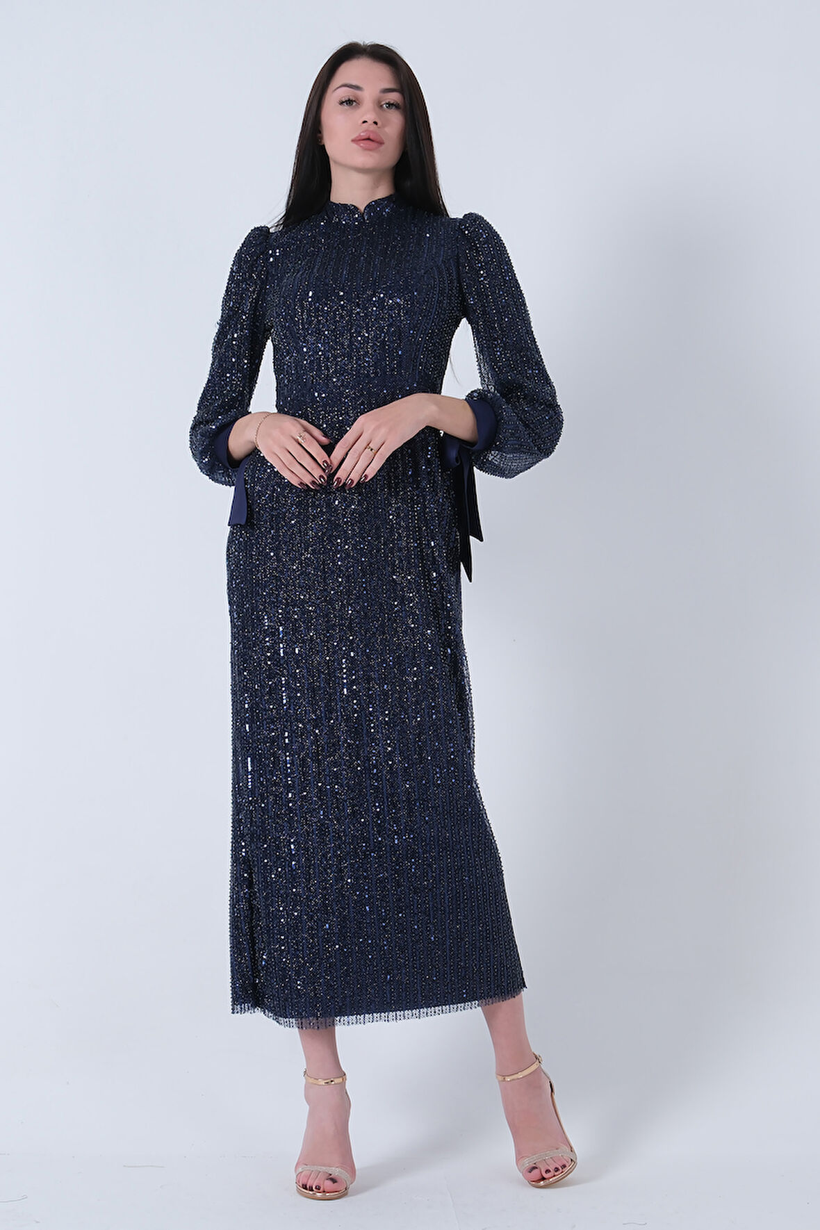 Lacivert Bilek Ucu Saten Kurdele Pullu Tesettür Abiye 6502471.02