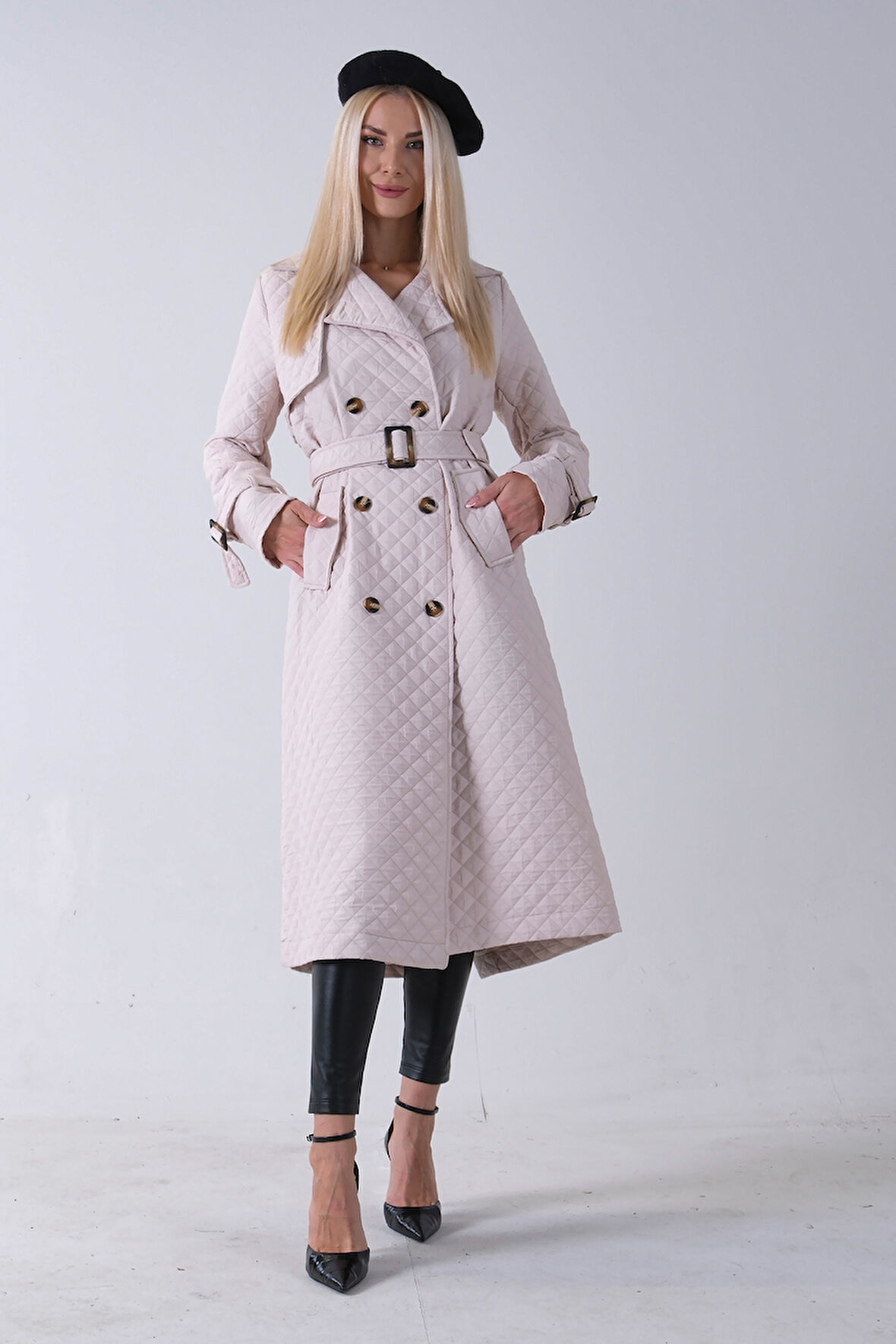 Taş Beli Kemerli Düğme Kapamalı Kapitone Desenli Trenç 44520205.50