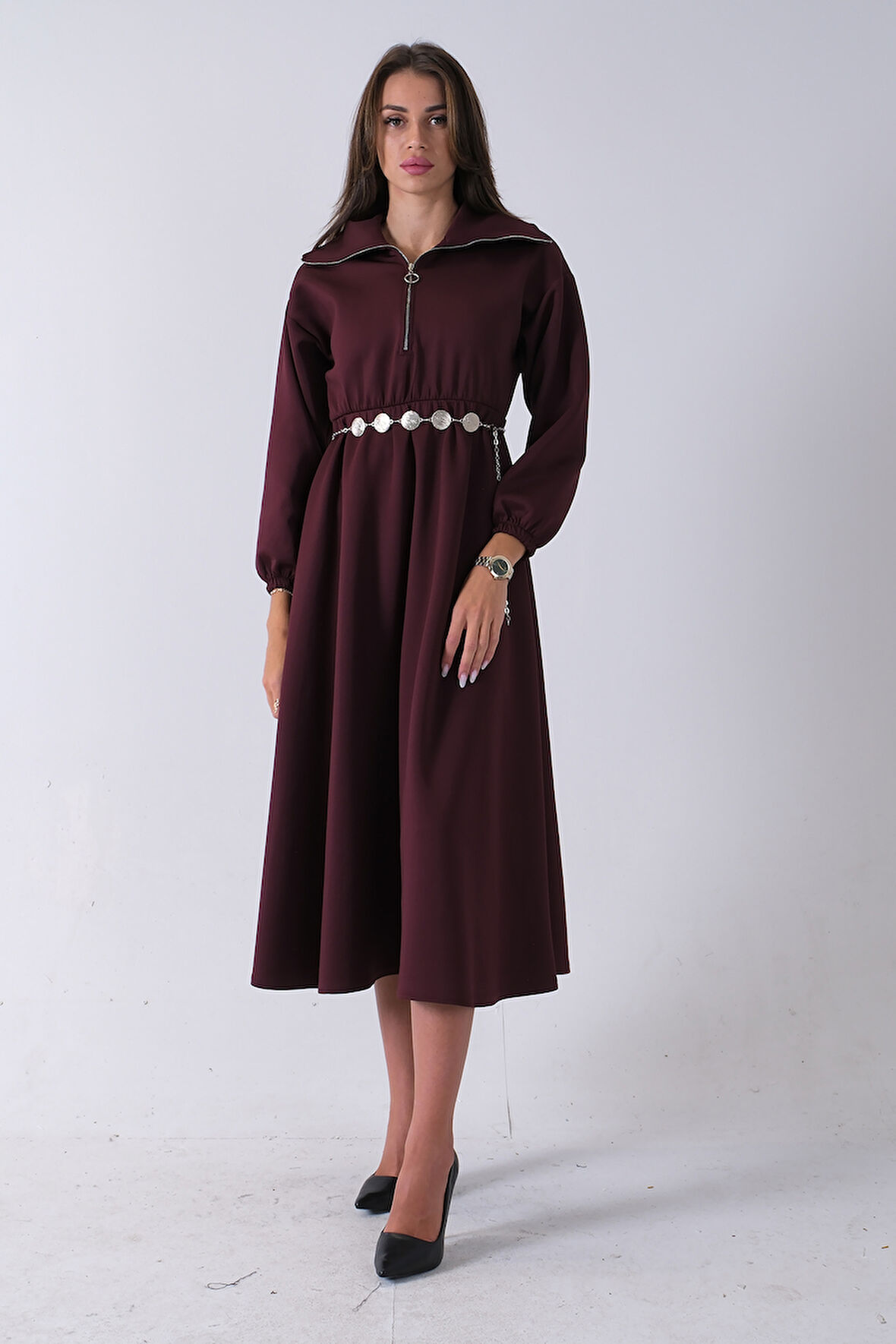 Bordo Yaka Fermuar Detaylı Bel ve Bileği Lastikli Kemerli Scuba Elbise 4593455.04