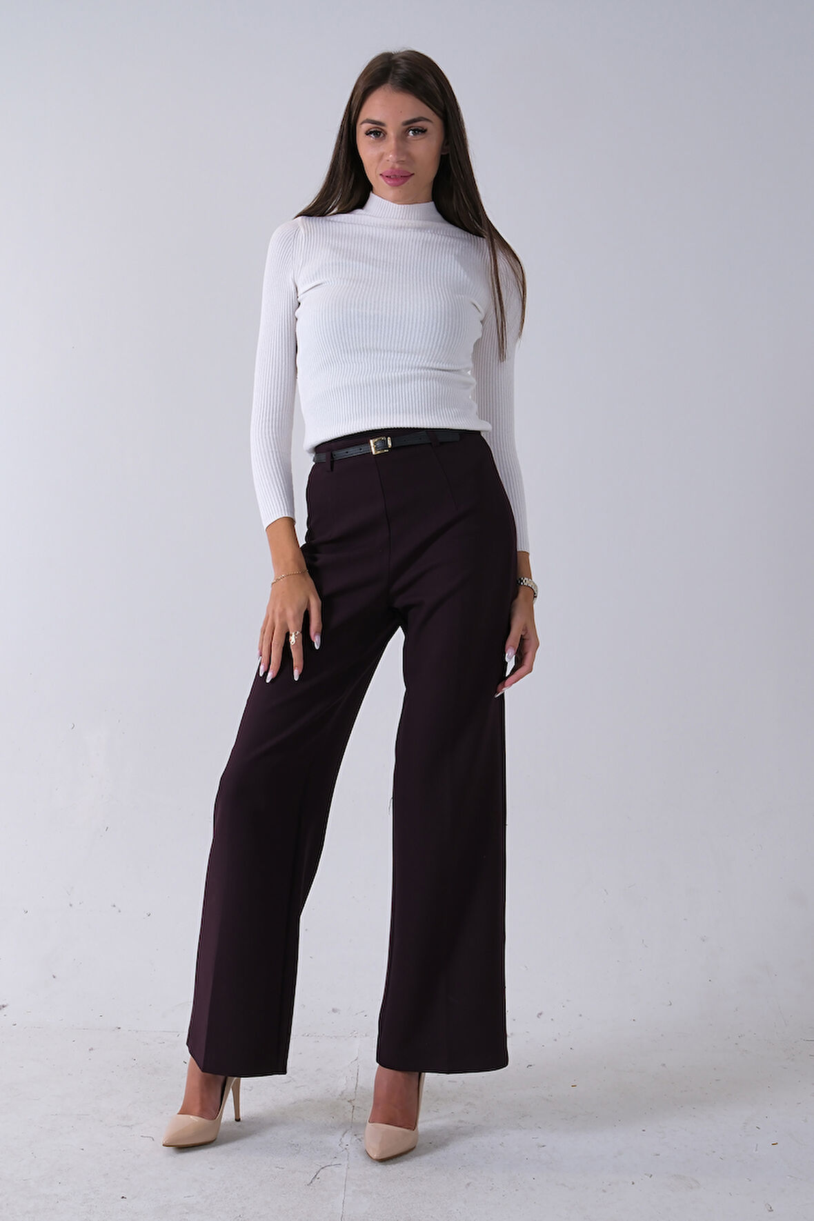 Bordo İnce Kemerli Cepsiz Bol Paça Uzun Pantolon 03030306.04