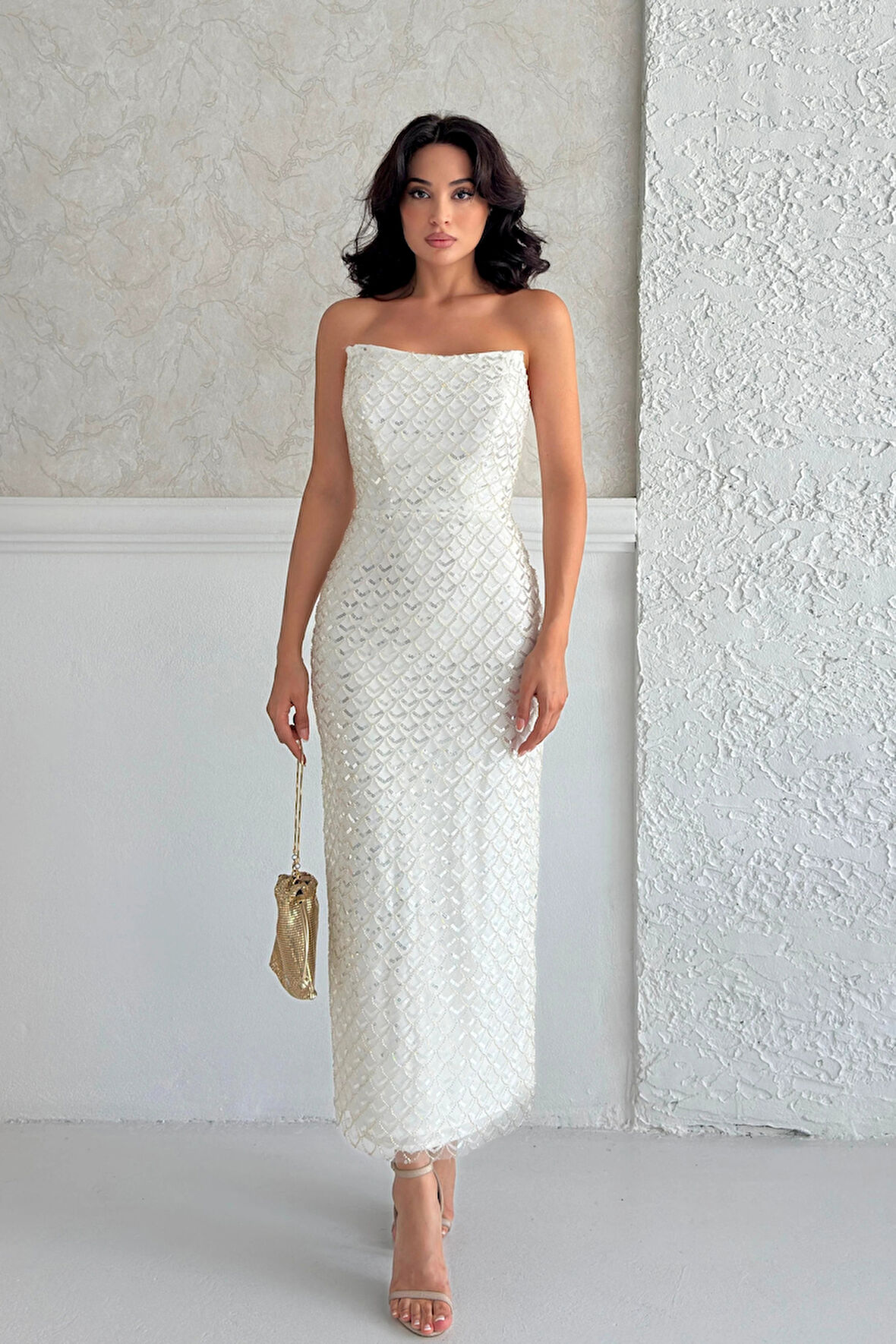 Beyaz Midi Boy Straplez Pul Payet Abiye 0801134.15