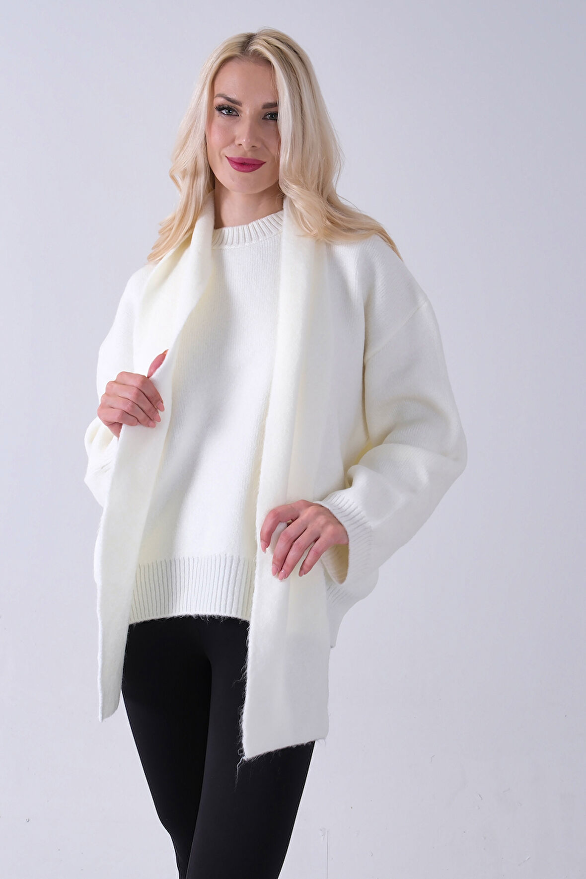 Ekru Şal Aksesuarlı Bisiklet Yaka Triko Kazak 46892633.147