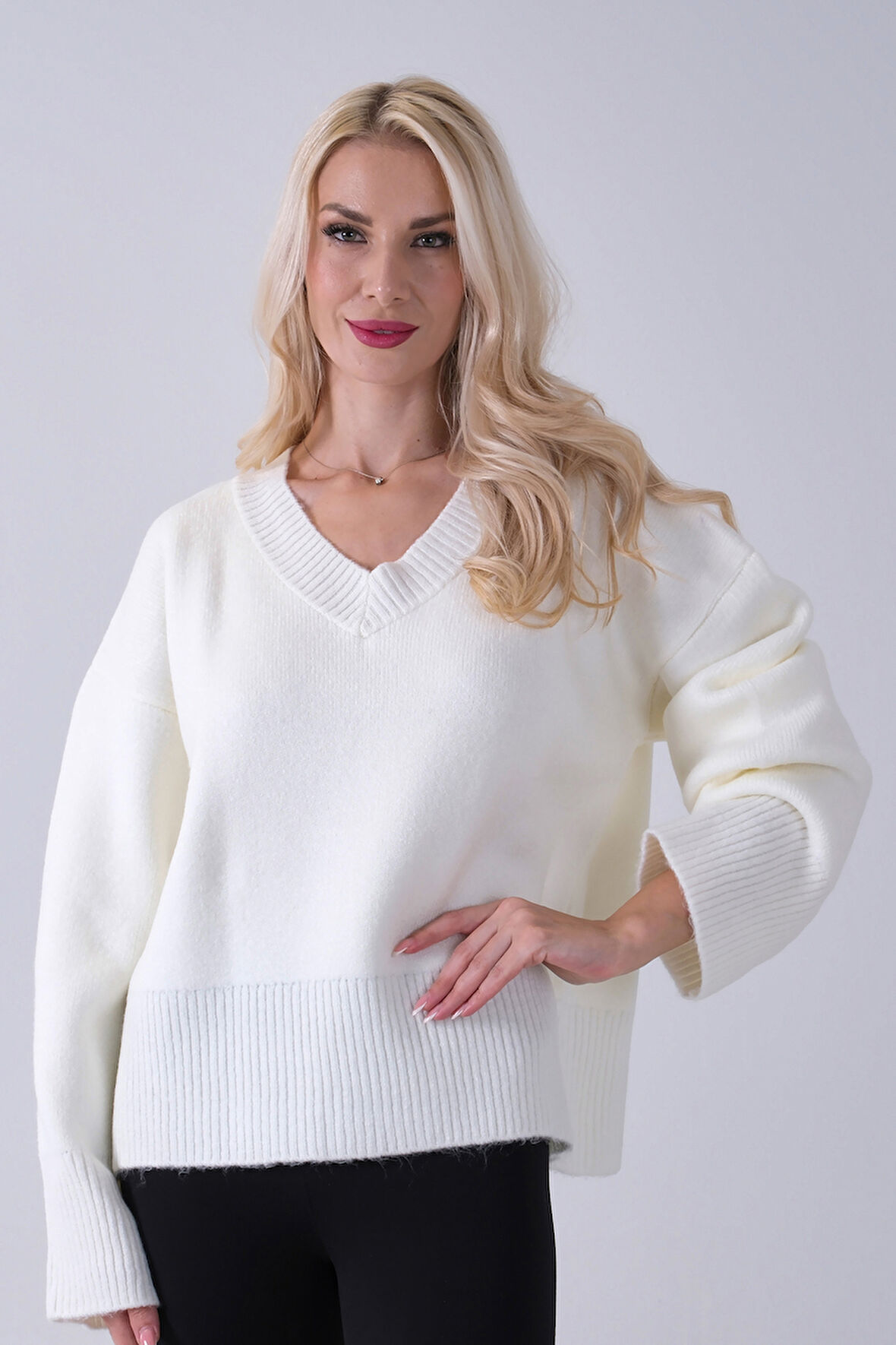 Ekru V Yaka Beli Lastikli Triko Kazak 46892623.147