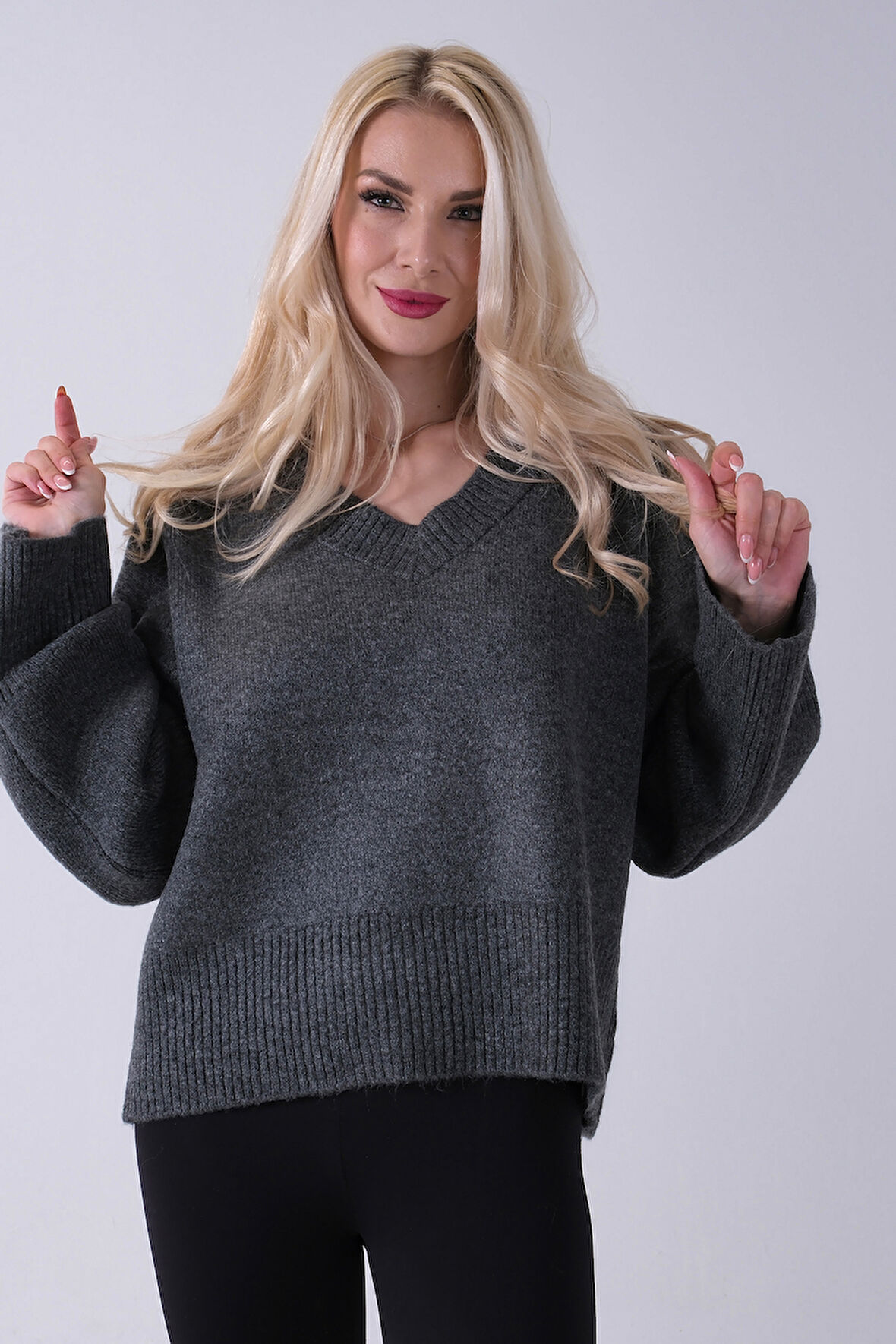 Antrasit V Yaka Beli Lastikli Triko Kazak 46892623.315