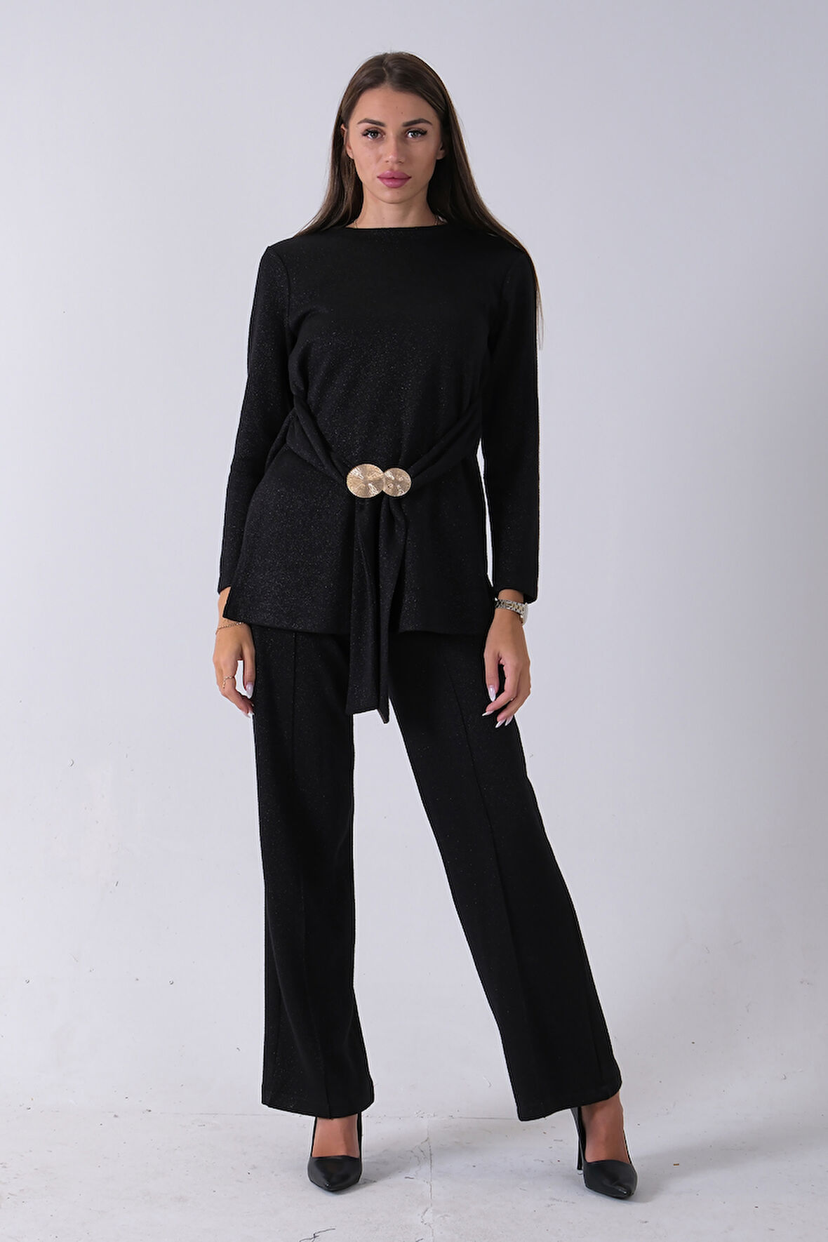 Siyah Altın Toka Detaylı Pantolonlu Takım 4577282.01