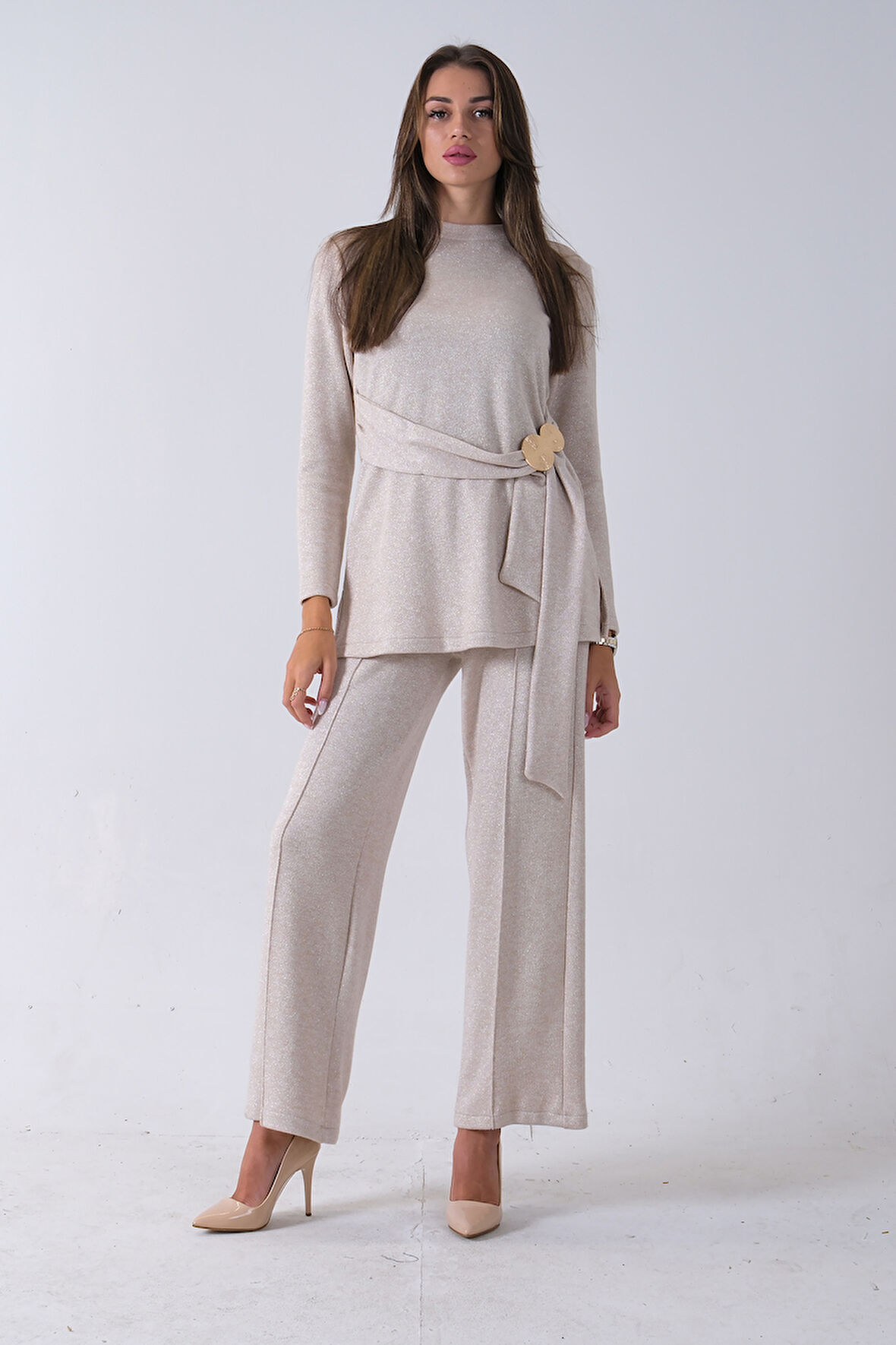 Ekru Altın Toka Detaylı Pantolonlu Takım 4577282.147