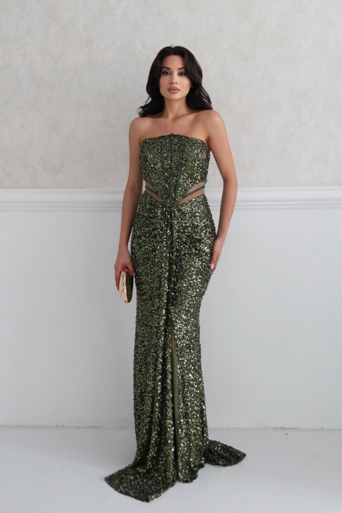 Haki Önü Taş Detaylı Yırtmaçlı Pul Payet Straplez Abiye 0801163.23