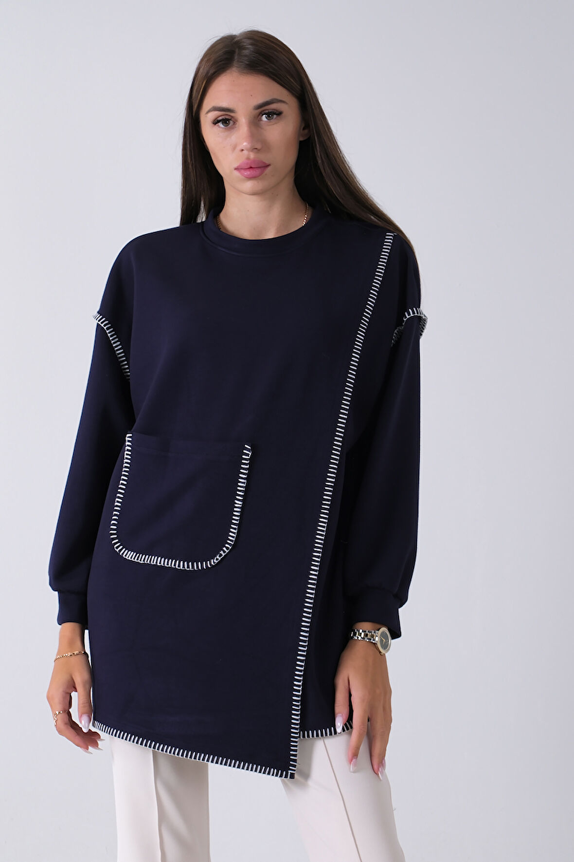 Lacivert Önü Kanguru Cep Detaylı Çizgi Dikişli Bisiklet Yaka Tunik 940170263.02