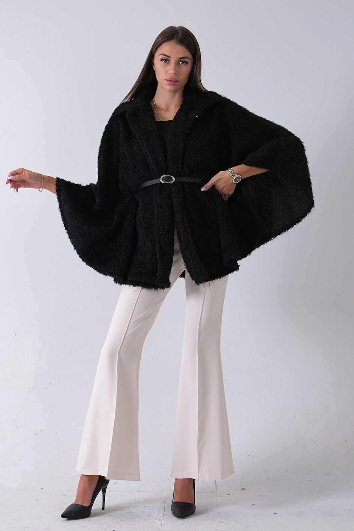 Siyah Tek Düğme Kapamalı Kemerli Yün Peluş Ceket 940140183.01