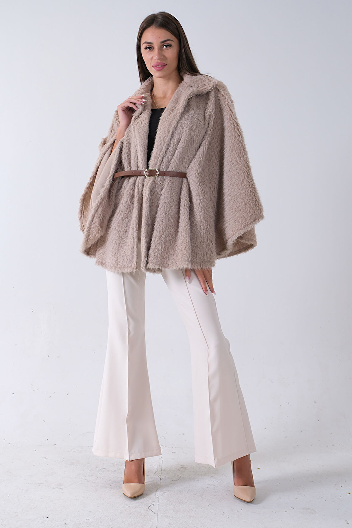 Taş Tek Düğme Kapamalı Kemerli Yün Peluş Ceket 940140183.50