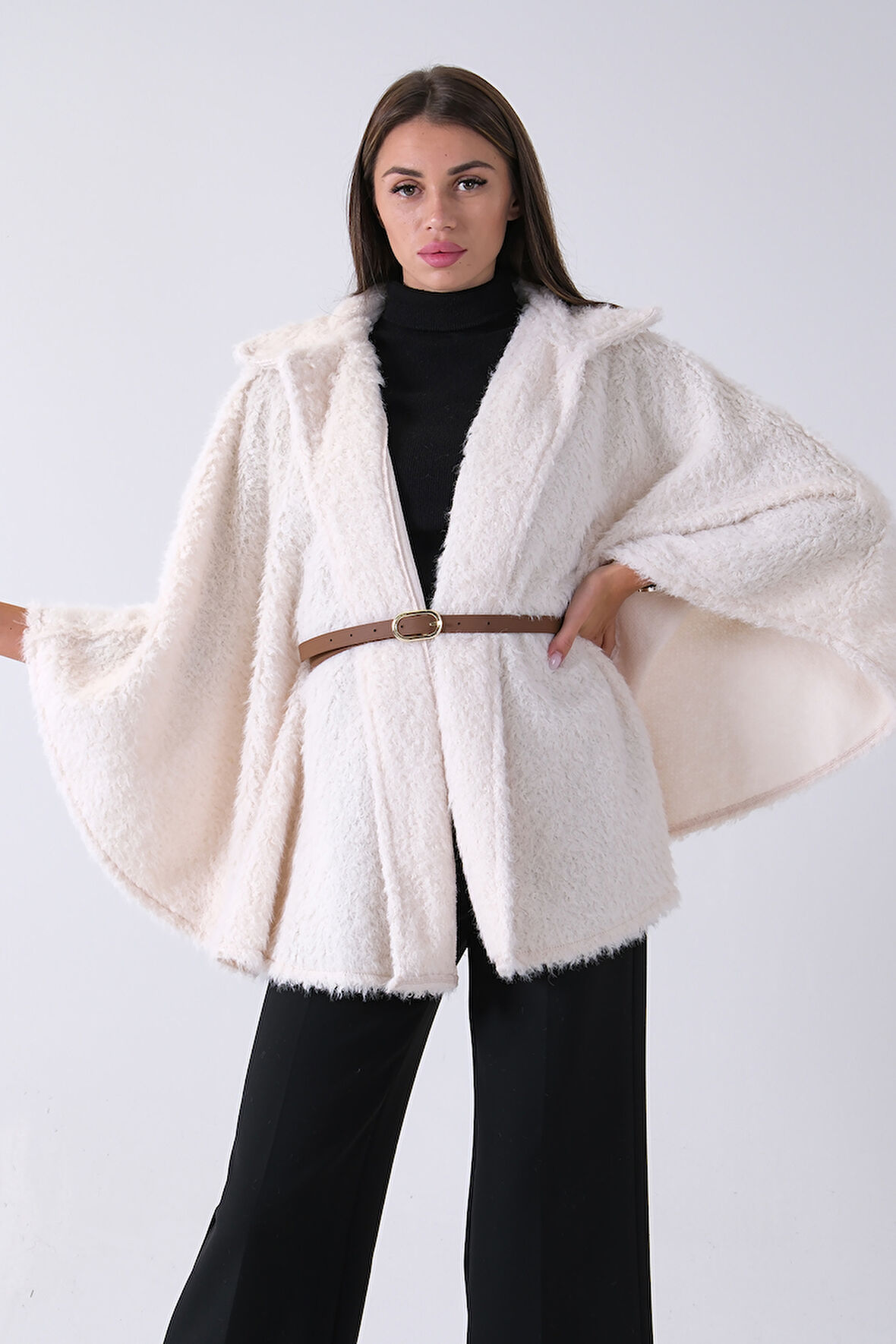 Ekru Tek Düğme Kapamalı Kemerli Yün Peluş Ceket 940140183.147