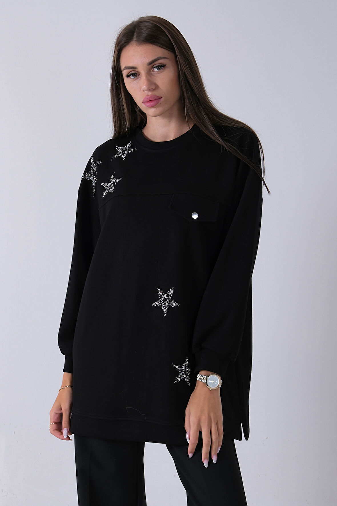 Siyah Üzeri Yıldız Desenli Taş İşlemeli Cep Görünümülü Tunik 940170258.01