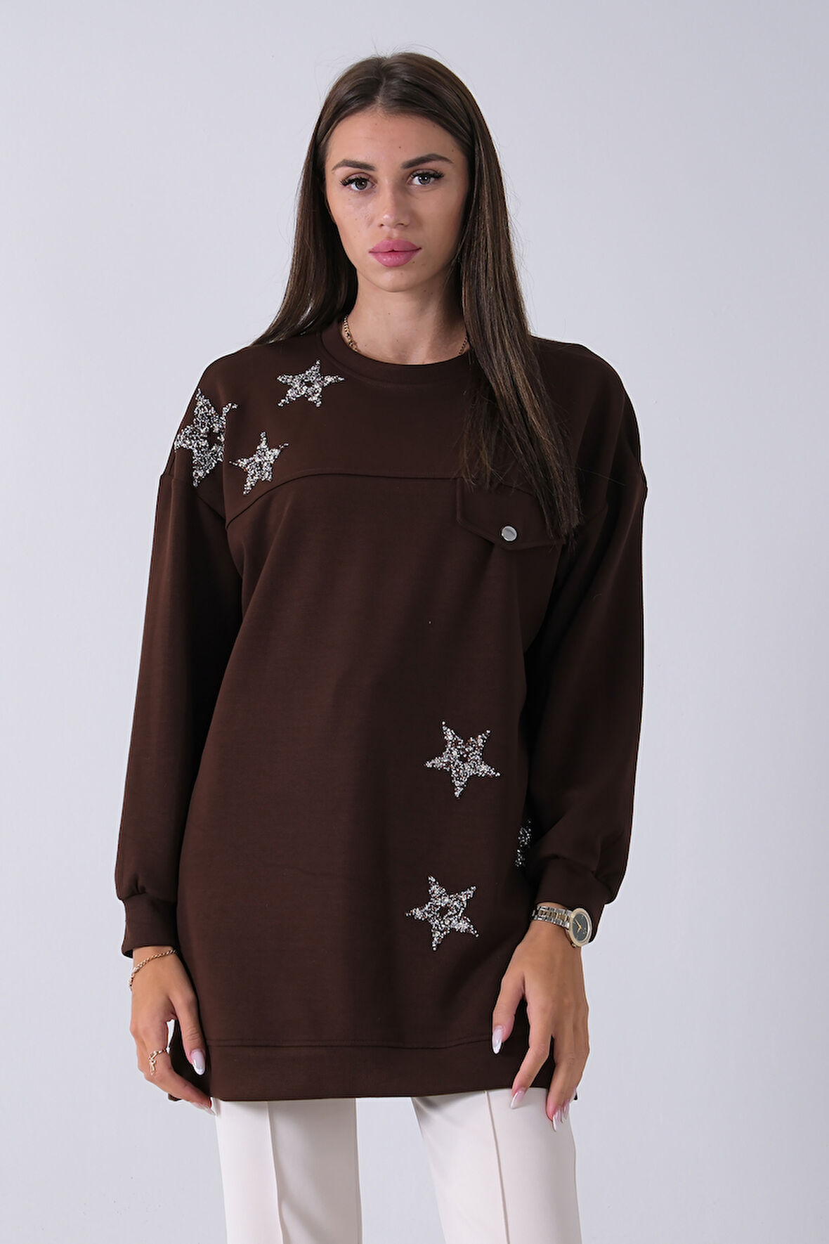 Kahve Üzeri Yıldız Desenli Taş İşlemeli Cep Görünümülü Tunik 940170258.05