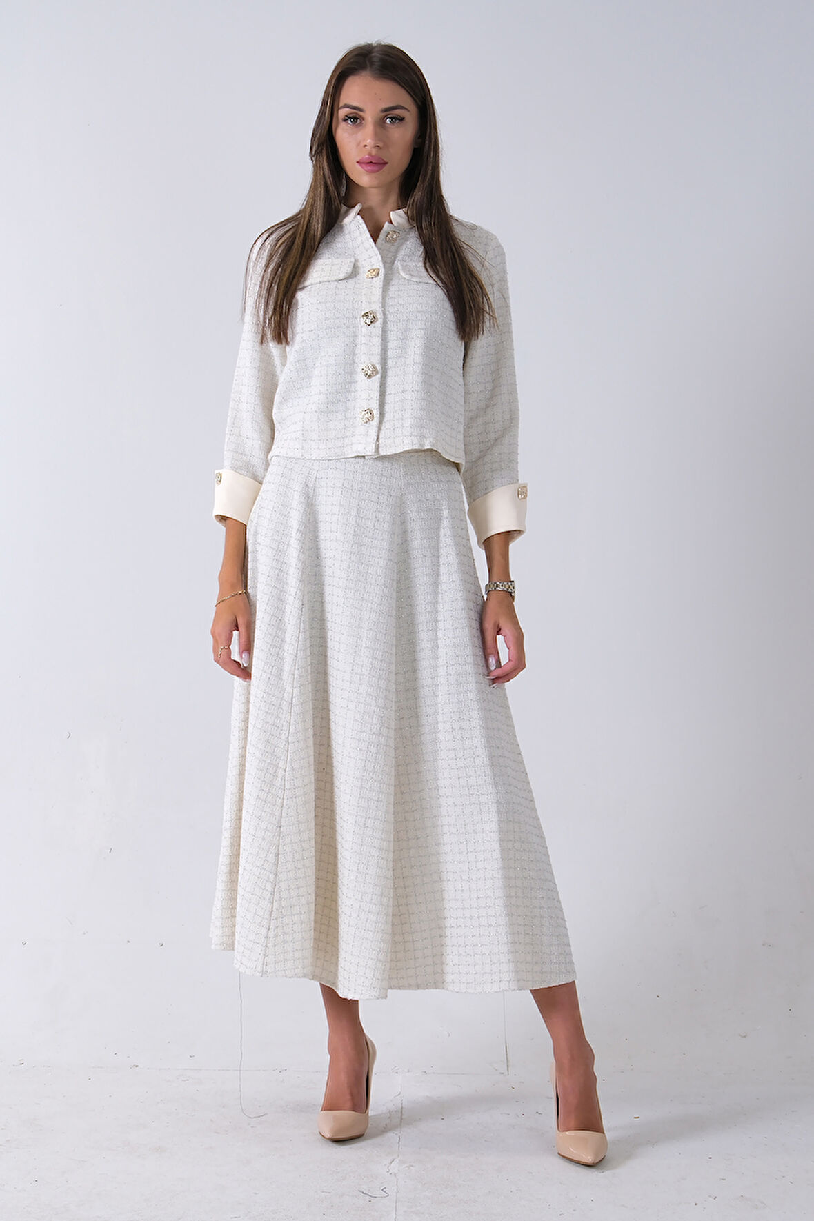 Ekru Önü Düğme Kapamalı Crop Ceket Etekli Tüvid Takım 45950601.147