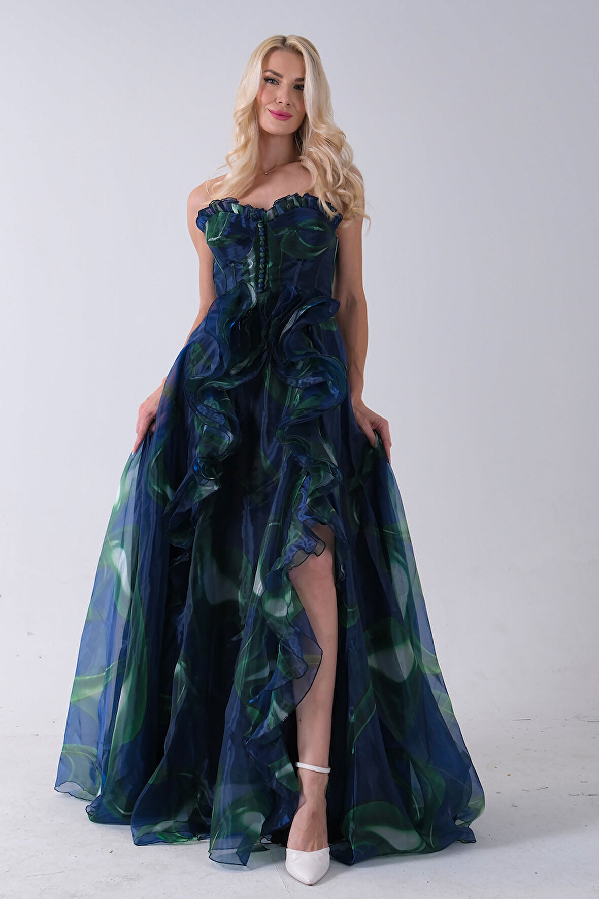 Lacivert Straplez Yaka Önü Düğme Detaylı Desenli Fırfırlı Abiye 9705680.02