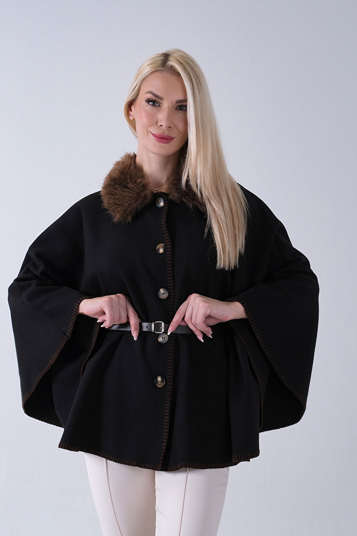 Kahve Yakası Kürklü Dikiş Detaylı Kemerli Panço 47122731.05