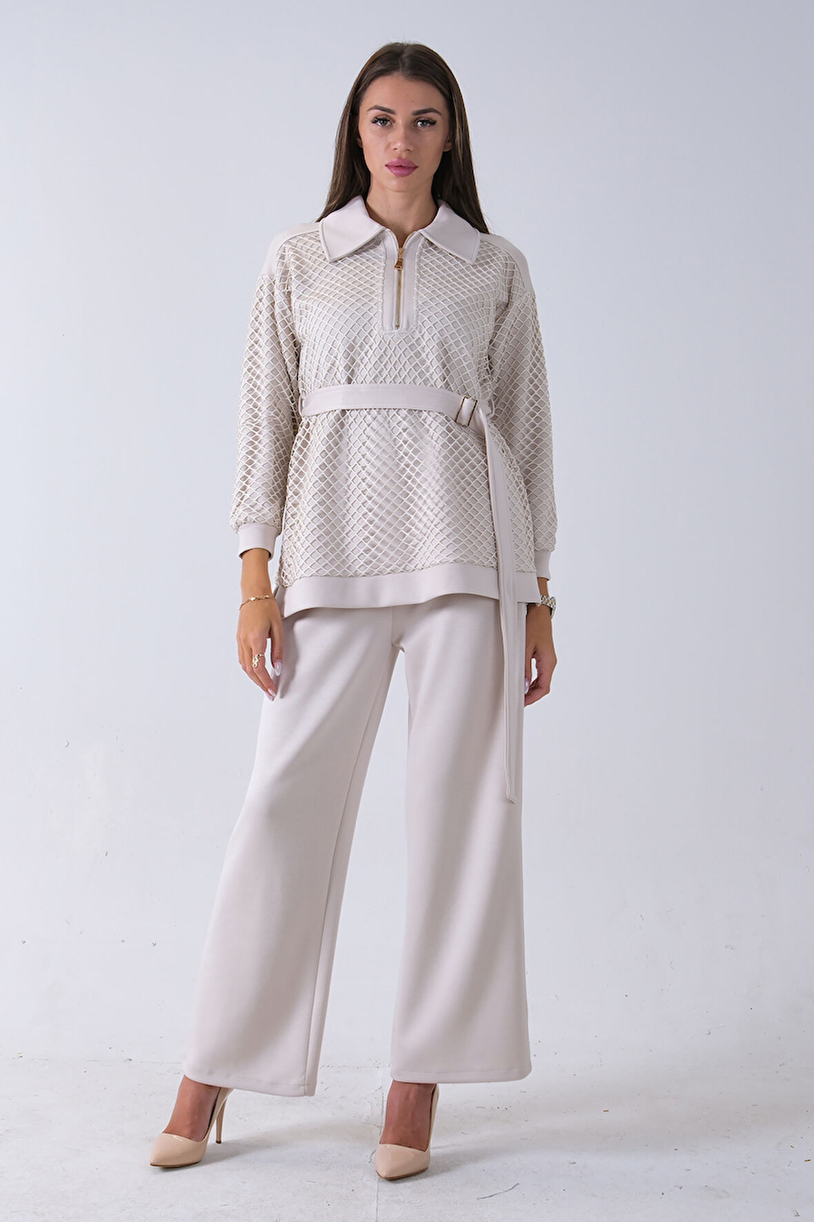 Taş Tunik Yaka Fermuar Kapamalı File Detaylı Pantolonlu Takım 4577283.50