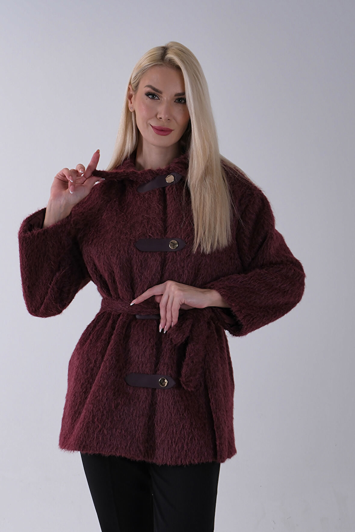 Bordo Gömlek Yakalı 4 Düğme Deri Bukle Detaylı Kaşe Yün Ceket 5307122.04