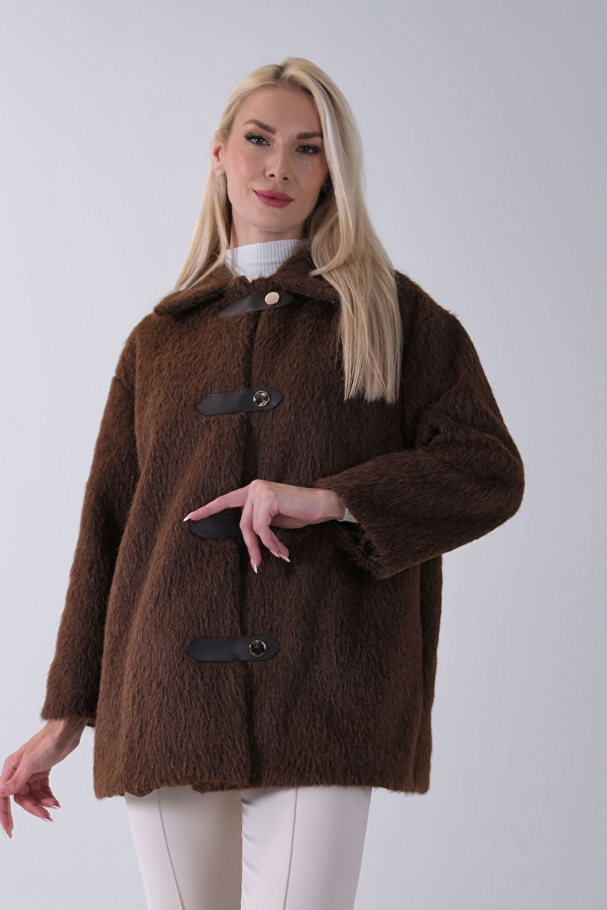 Kahve Gömlek Yakalı 4 Düğme Deri Bukle Detaylı Kaşe Yün Ceket 5307122.05