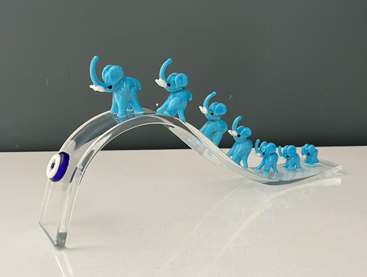 HERA KRİSTAL BÜYÜK KRİSTAL YEDİLİ  FİL AÇIK MAVİ