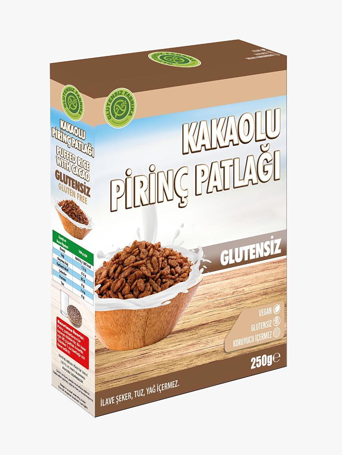 Glutensiz Kakaolu Pirinç Patlağı 250 Gram Katkısız Vegan