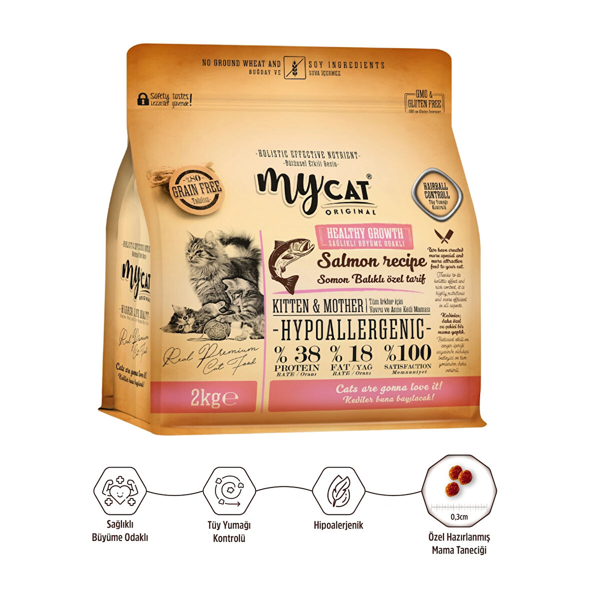 MyCat Original Az Tahıllı Somon Balıklı Yavru ve Anne Kedi Maması 2kg