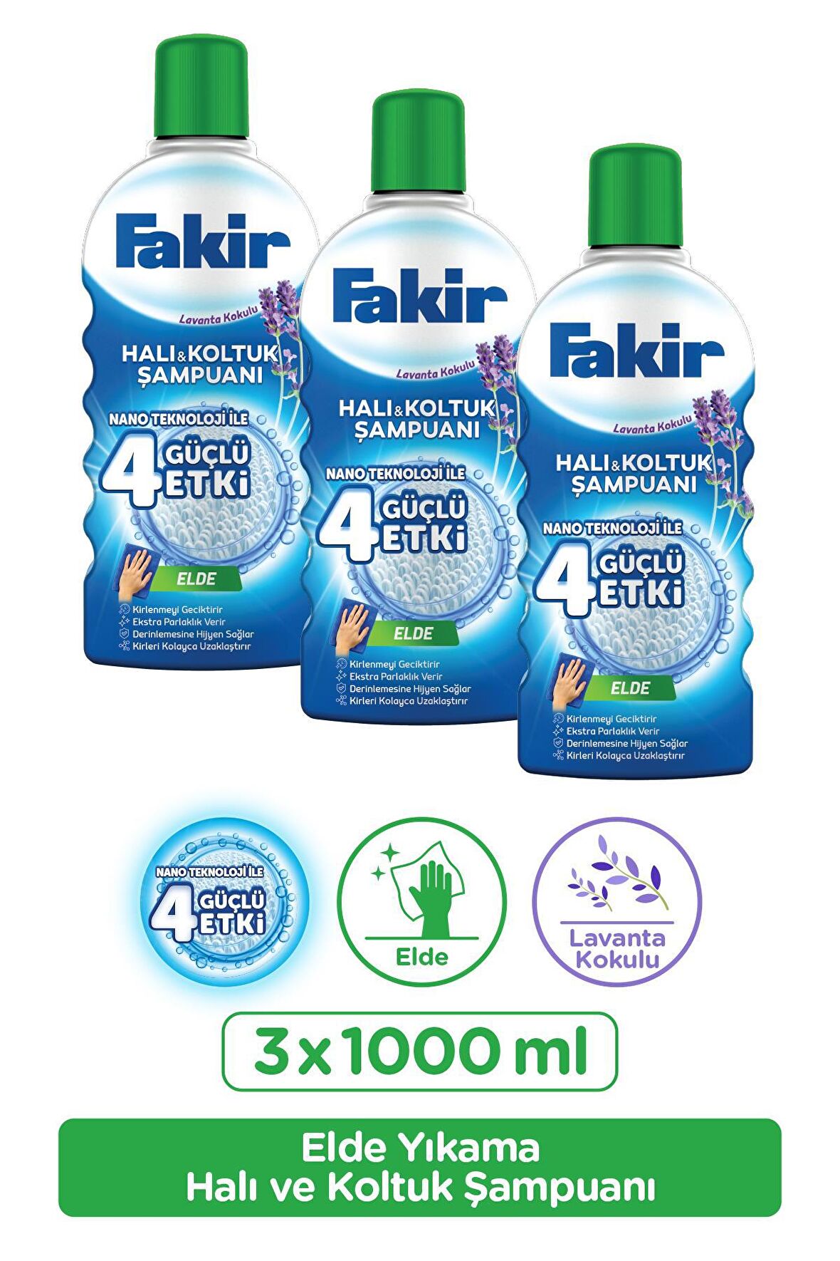 Fakir Nano Teknoloji ile Lavantalı Elde Yıkama Halı ve Koltuk Şampuanı 1000ml x 3 Adet