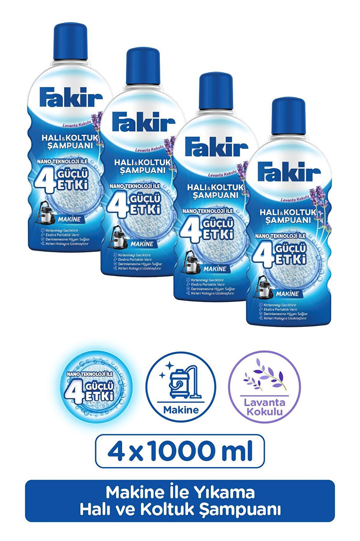 Fakir Nano Teknoloji ile Lavantalı Makine Halı ve Koltuk Şampuanı 1000ml x 4 Adet