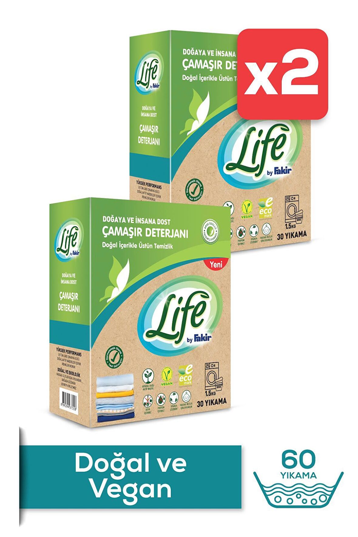 Life By Fakir Vegan Doğal Çamaşır Toz Deterjanı 30 Yıkama Renkli ve Beyazlar İçin X 2 Adet