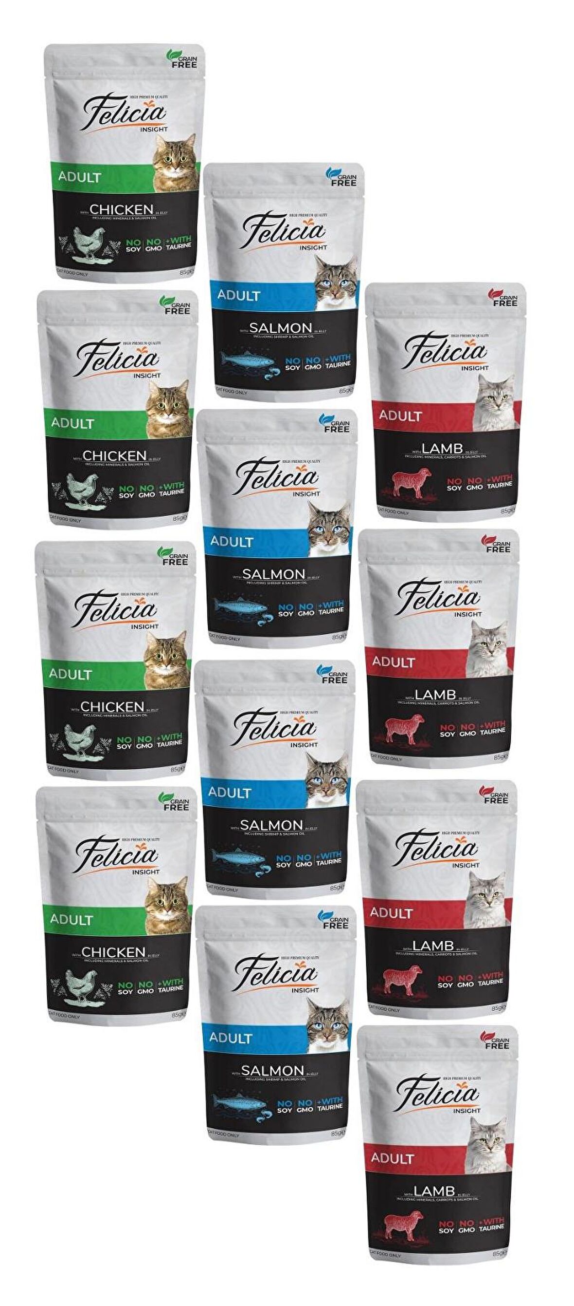 Felicia Tahılsız Yetişkin Yaş Kedi Maması 85 Gr Karışık Paket Somon-Kuzu-Tavuk (12 ADET)