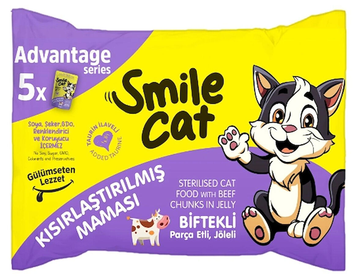SMİLE CAT KISIRLAŞTIRILMIŞ YETİŞKİN KEDİ MAMASI 5*85G:425GR BİFTEKLİ PARÇA ETLİ JÖLELİ SML-025