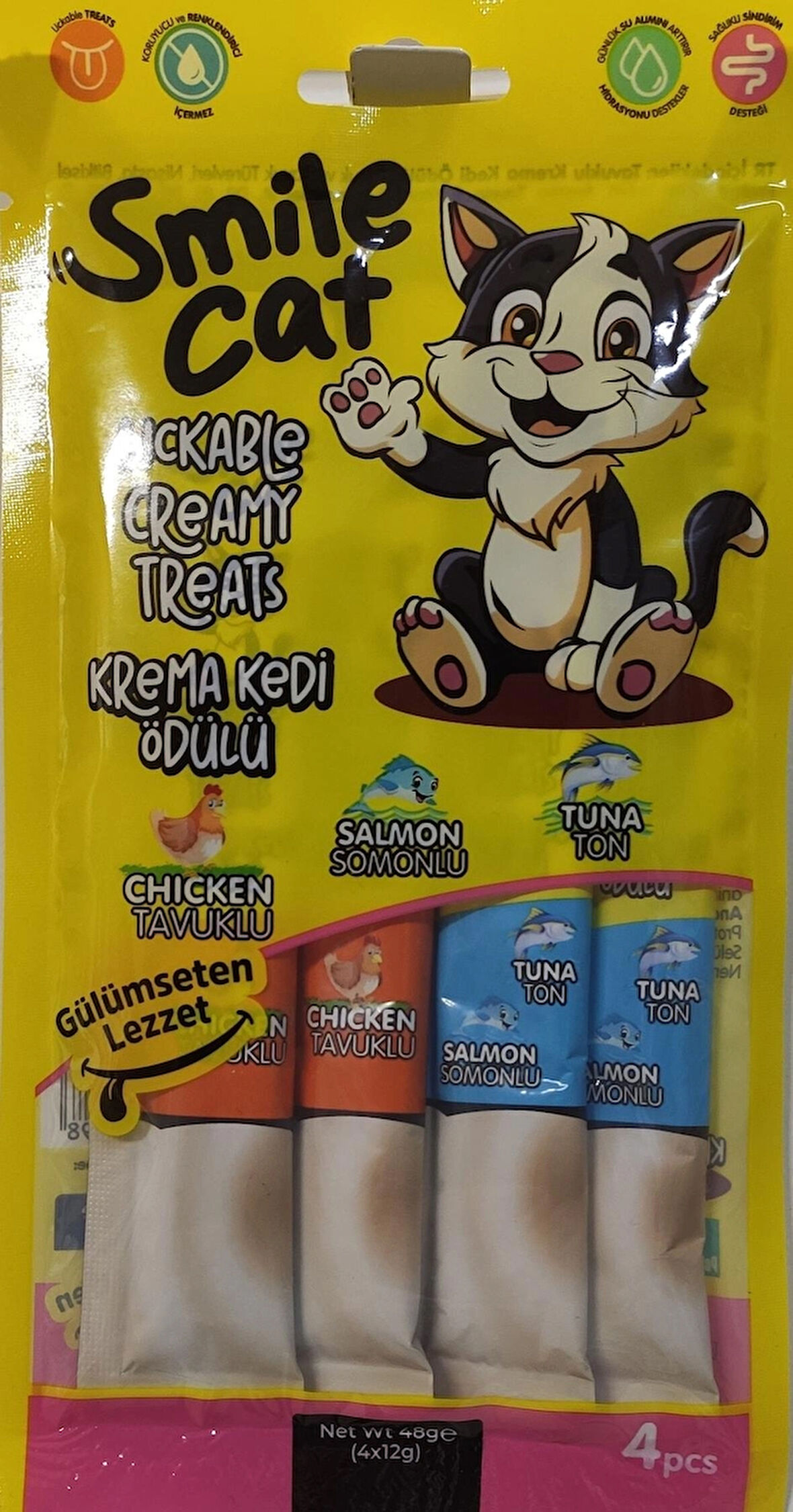 SMİLE CAT KREMA KEDİ ÖDÜLÜ 4 ADET FİŞEK TAVUKLU-SOMONLU-TON 4*12G:48 GR  SML-051