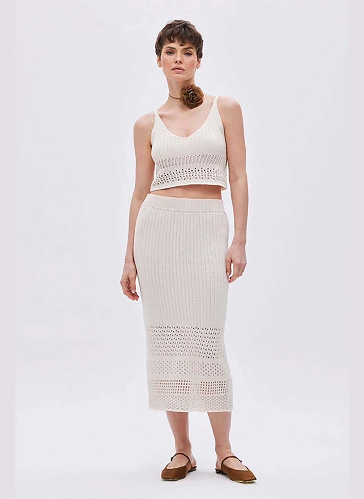 Sherin Lastikli Bel Ekru Kadın Fitilli Midi Etek Ekru Ajurlu Midi Triko Etek