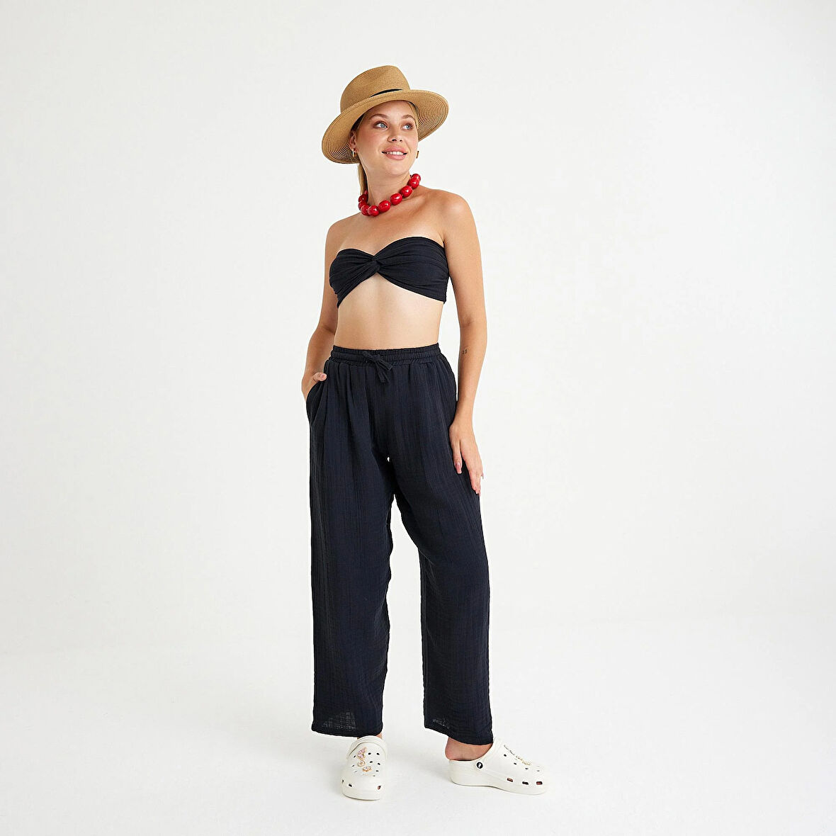 %100 Pamuklu Dokuma Müslin Düğüm Crop Top Arkası Lastikli 2'li Pantolon Takım